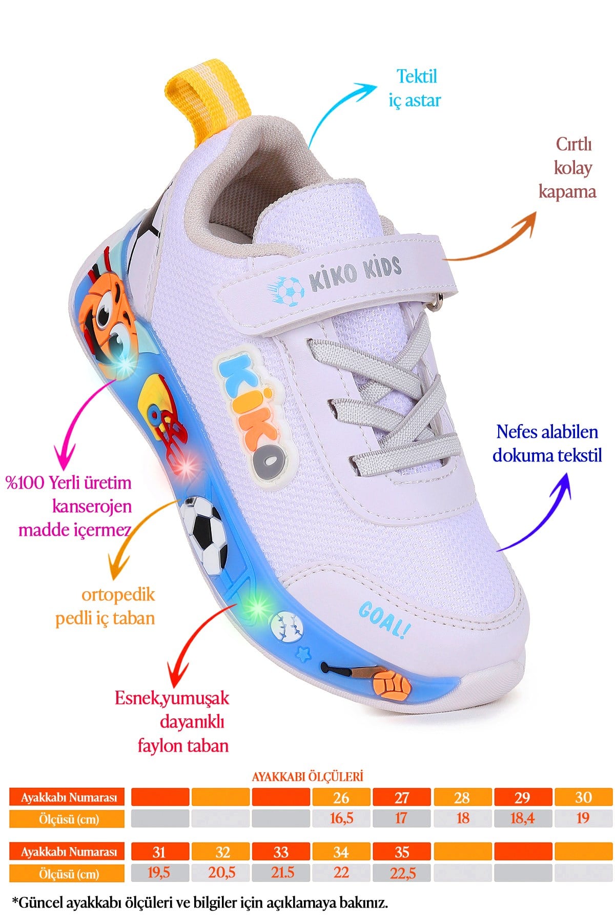 Velcro Işıklı Günlük Cırtlı Erkek Çocuk Spor Ayakkabı Beyaz - Buz