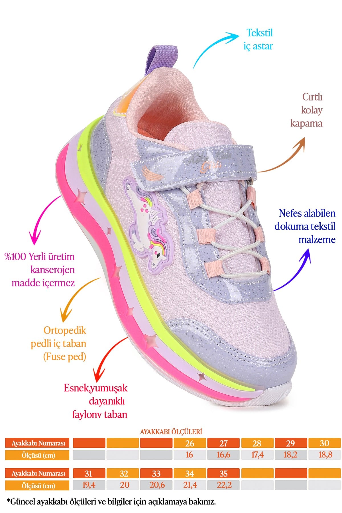 Venzo Unicorn Cırtlı Kız Çocuk Spor Ayakkabı Lila