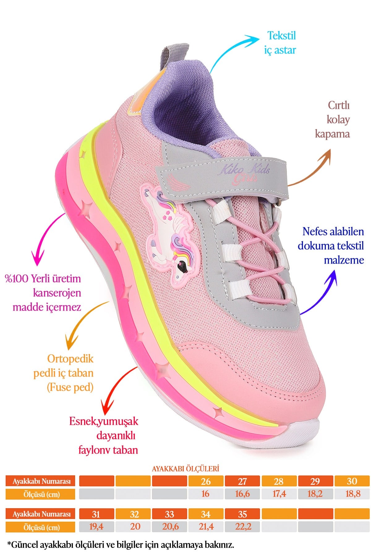Venzo Unicorn Cırtlı Kız Çocuk Spor Ayakkabı Pembe - Buz