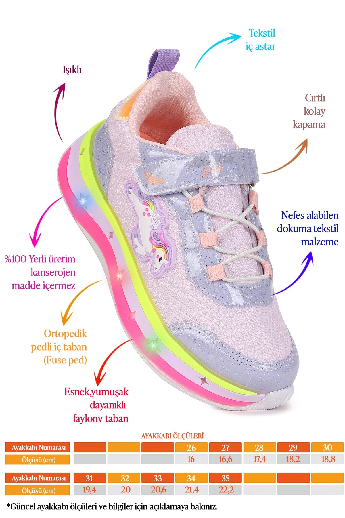 Venzo Unicorn Işıklı Cırtlı Kız Çocuk Spor Ayakkabı Lila