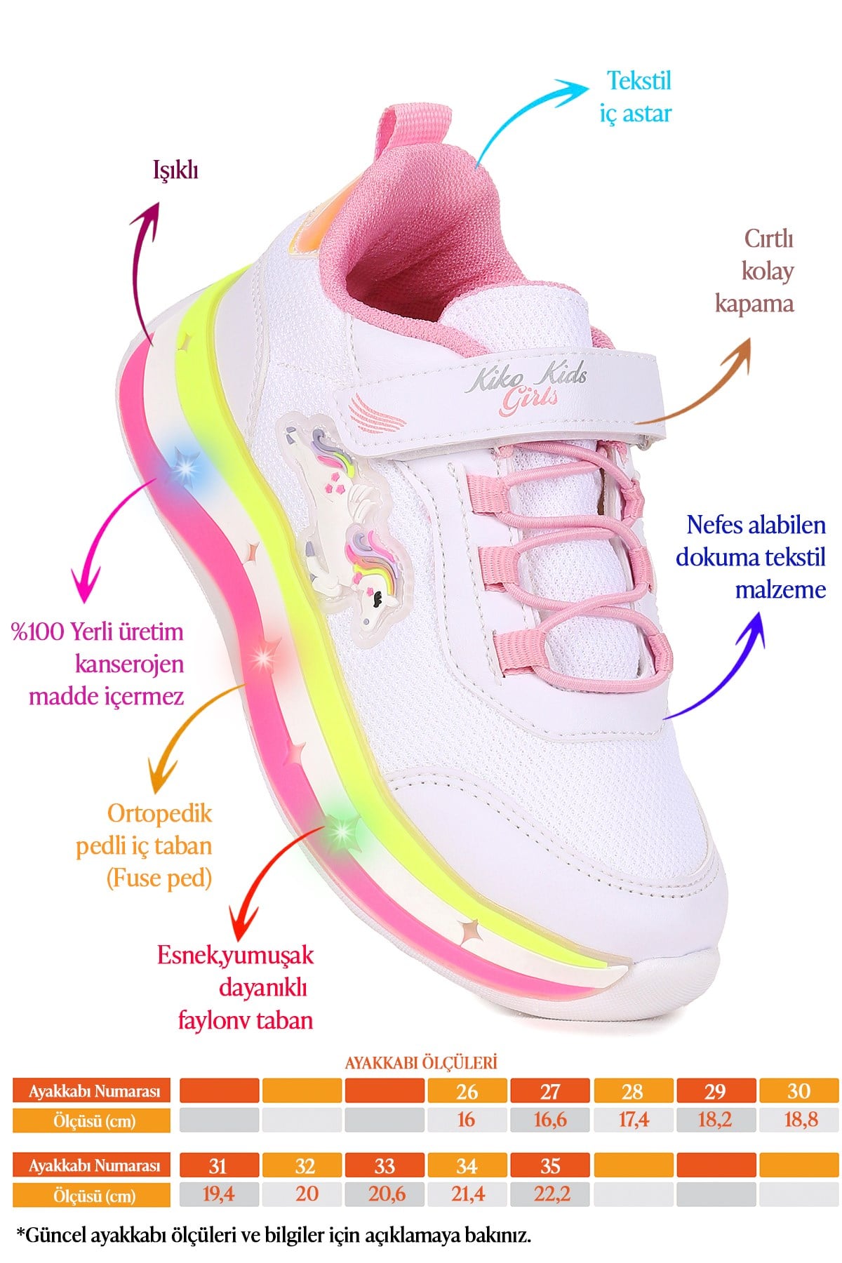 Venzo Unicorn Işıklı Cırtlı Kız Çocuk Spor Ayakkabı Beyaz - Pembe