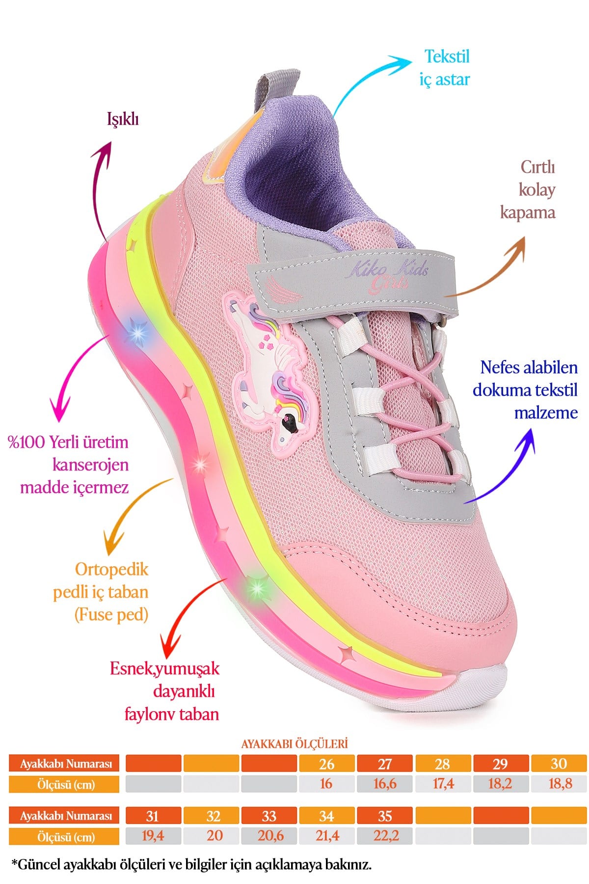 Venzo Unicorn Işıklı Cırtlı Kız Çocuk Spor Ayakkabı Pembe - Buz