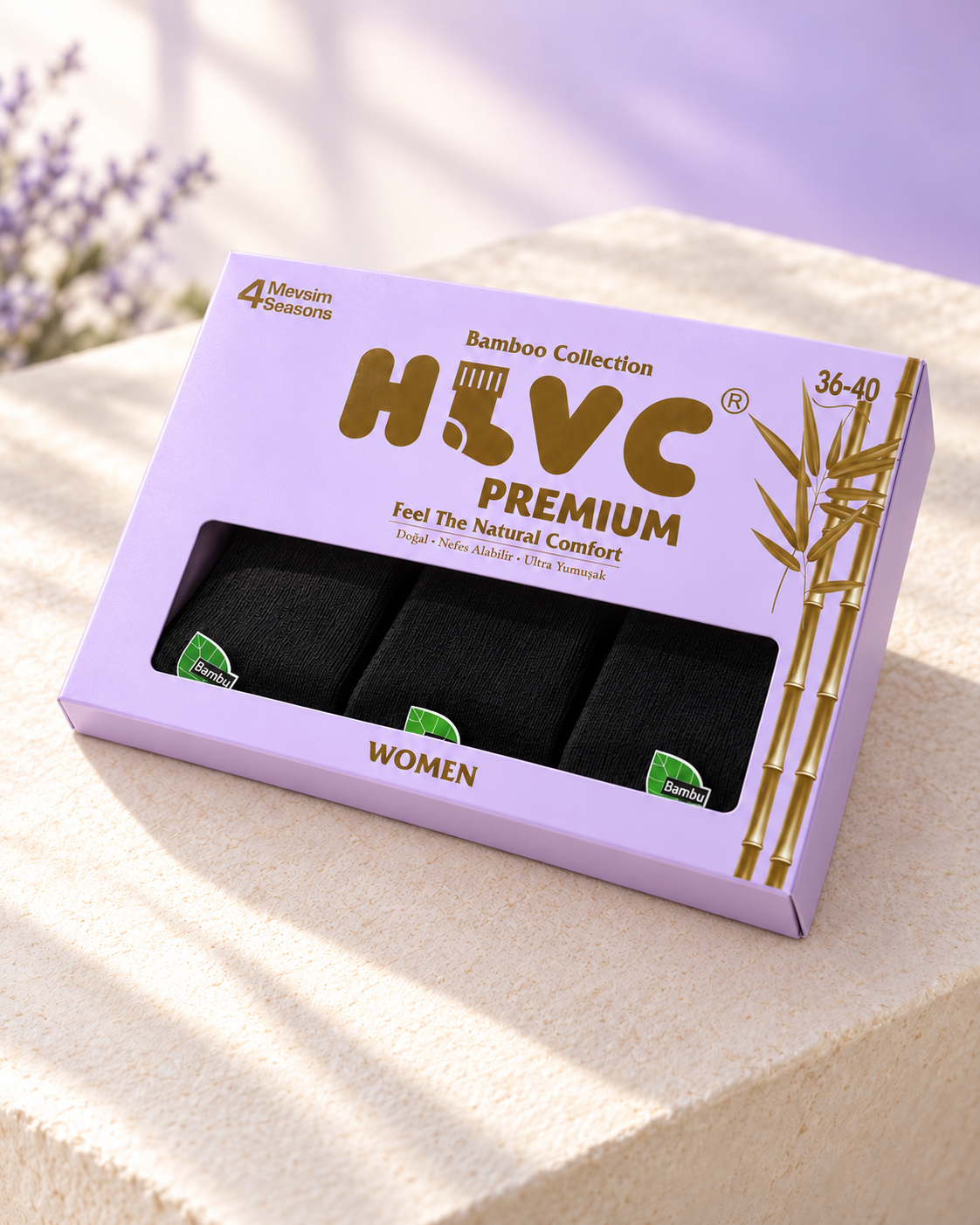 HLVC Kadın Bambu 4 Mevsim Çorap – Siyah düz çorap, lila tek paket