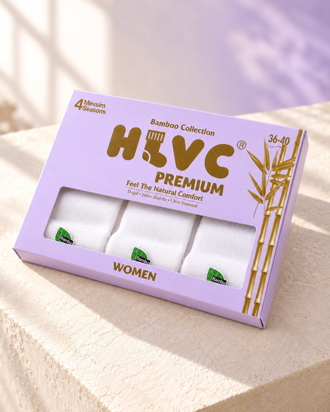 HLVC Kadın Bambu 4 Mevsim Çorap – Beyaz düz çorap, lila tek paket