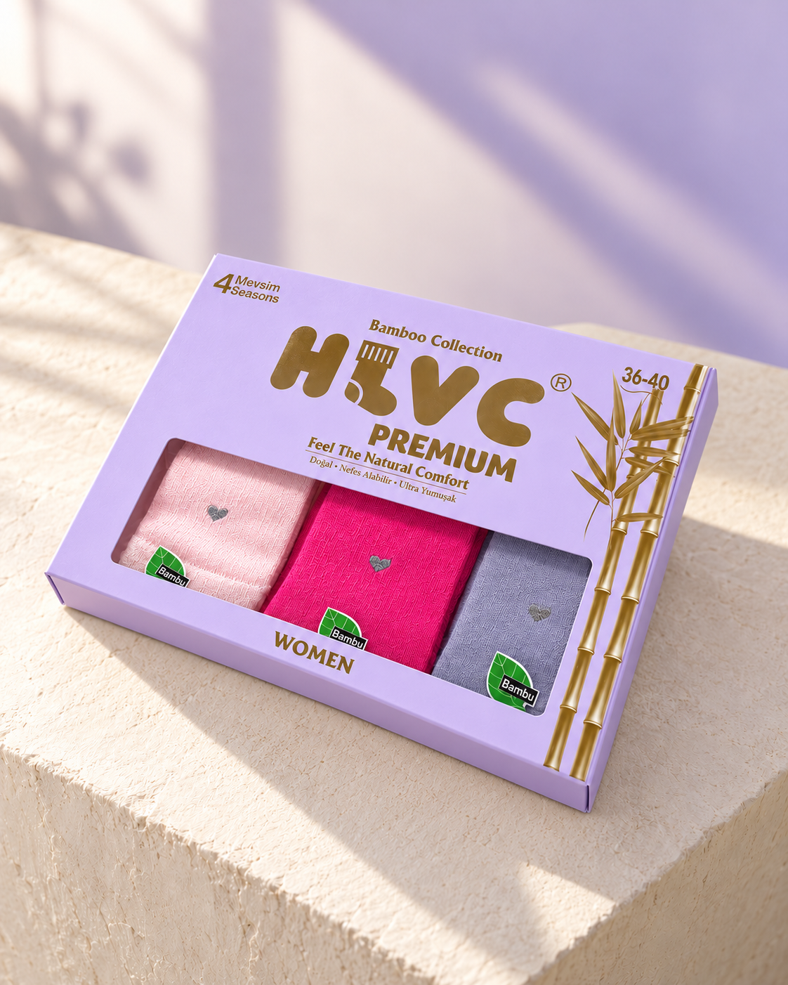 HLVC Kadın Bambu 4 Mevsim Çorap – Karışık Renk kalpli çoraplar, lila tek paket