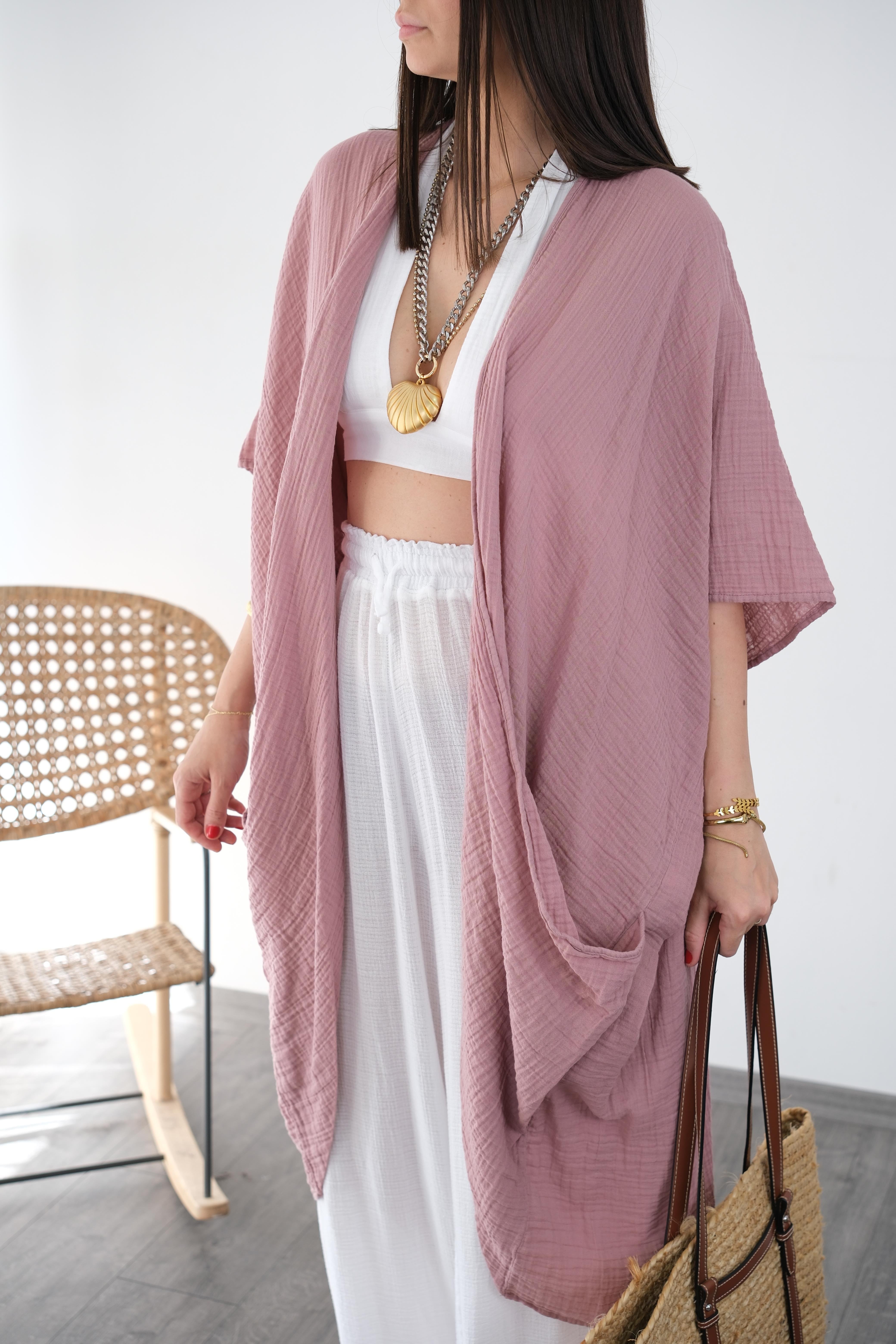 AMORGO ROSE PİNK MÜSLİN KAFTAN