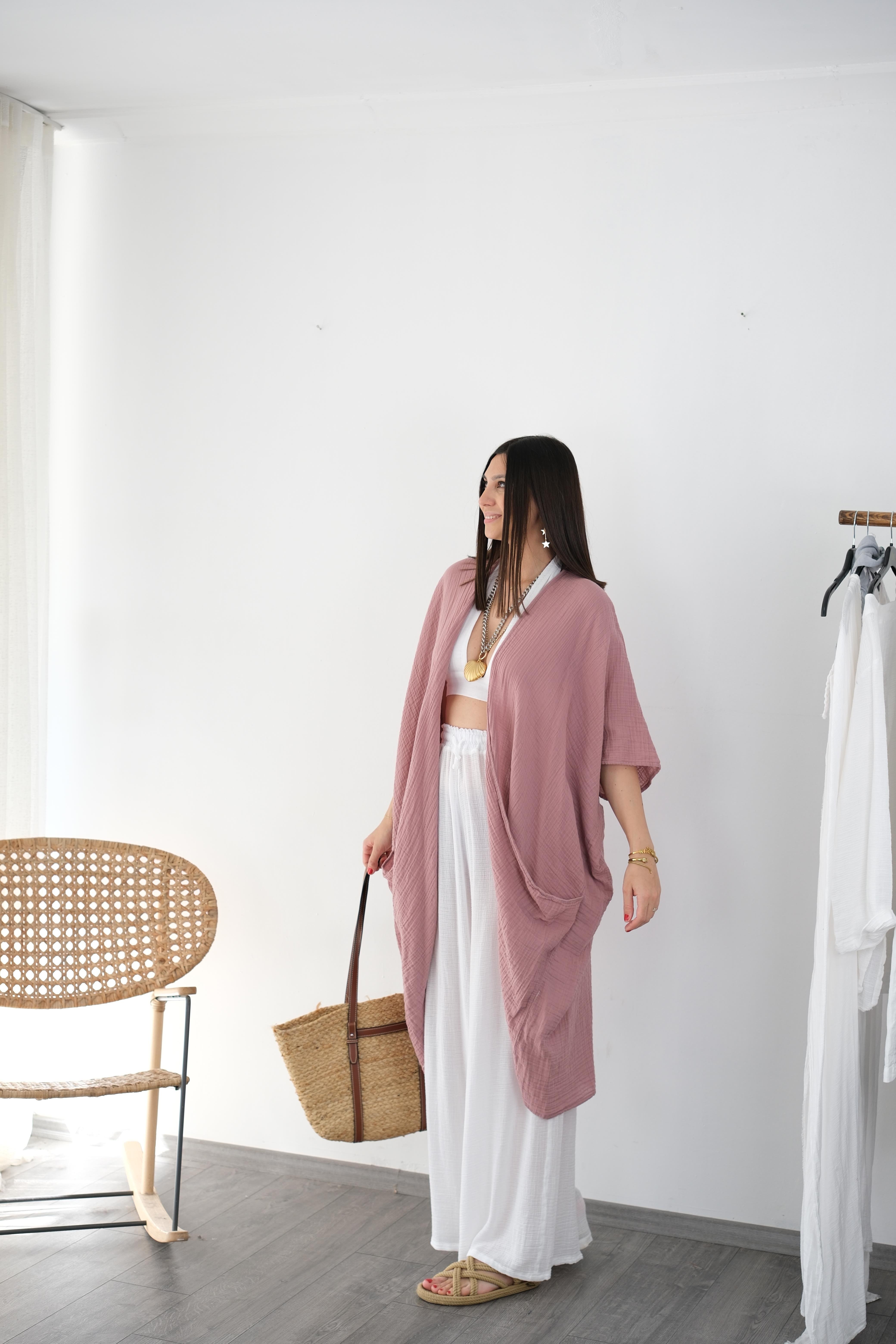 AMORGO ROSE PİNK MÜSLİN KAFTAN