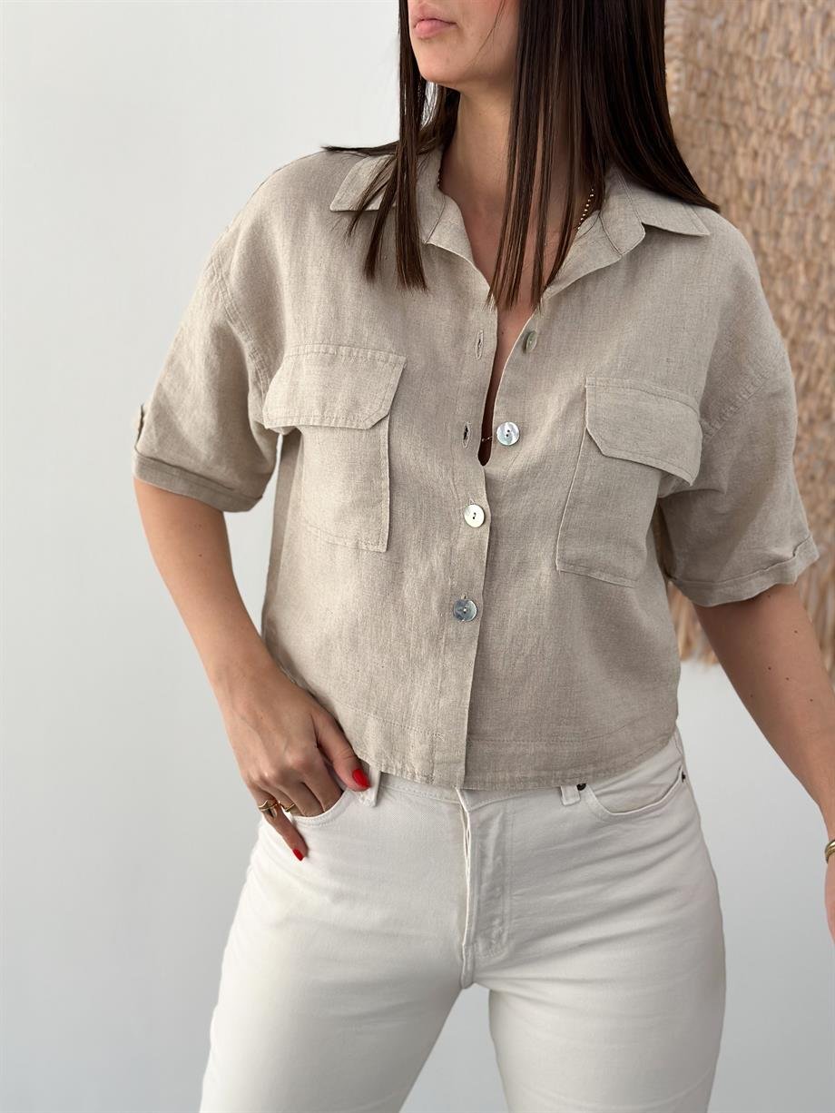 ANDREA TAŞ KETEN KISA GÖMLEK