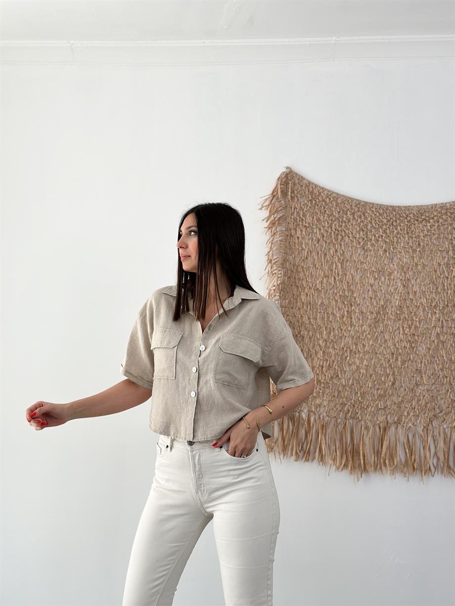 ANDREA TAŞ KETEN KISA GÖMLEK