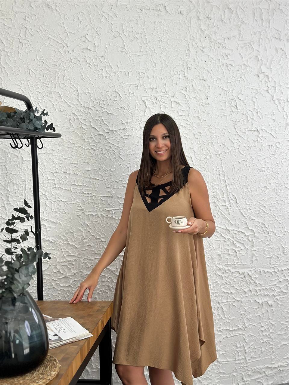 ART YAKA DETAYLI CAMEL ELBİSE