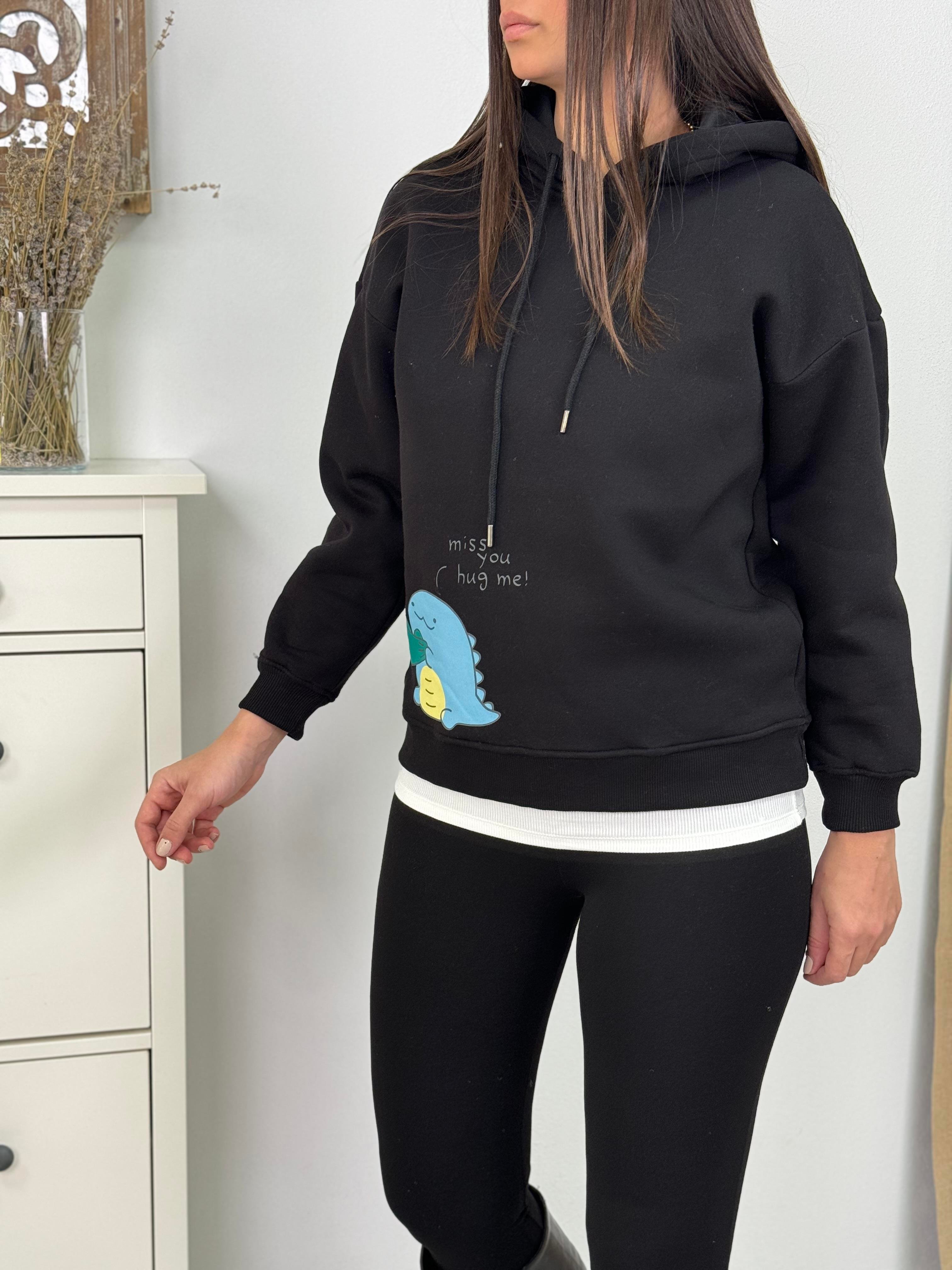 BARİ BASKI DETALI KAPŞONLU SİYAH SWEAT