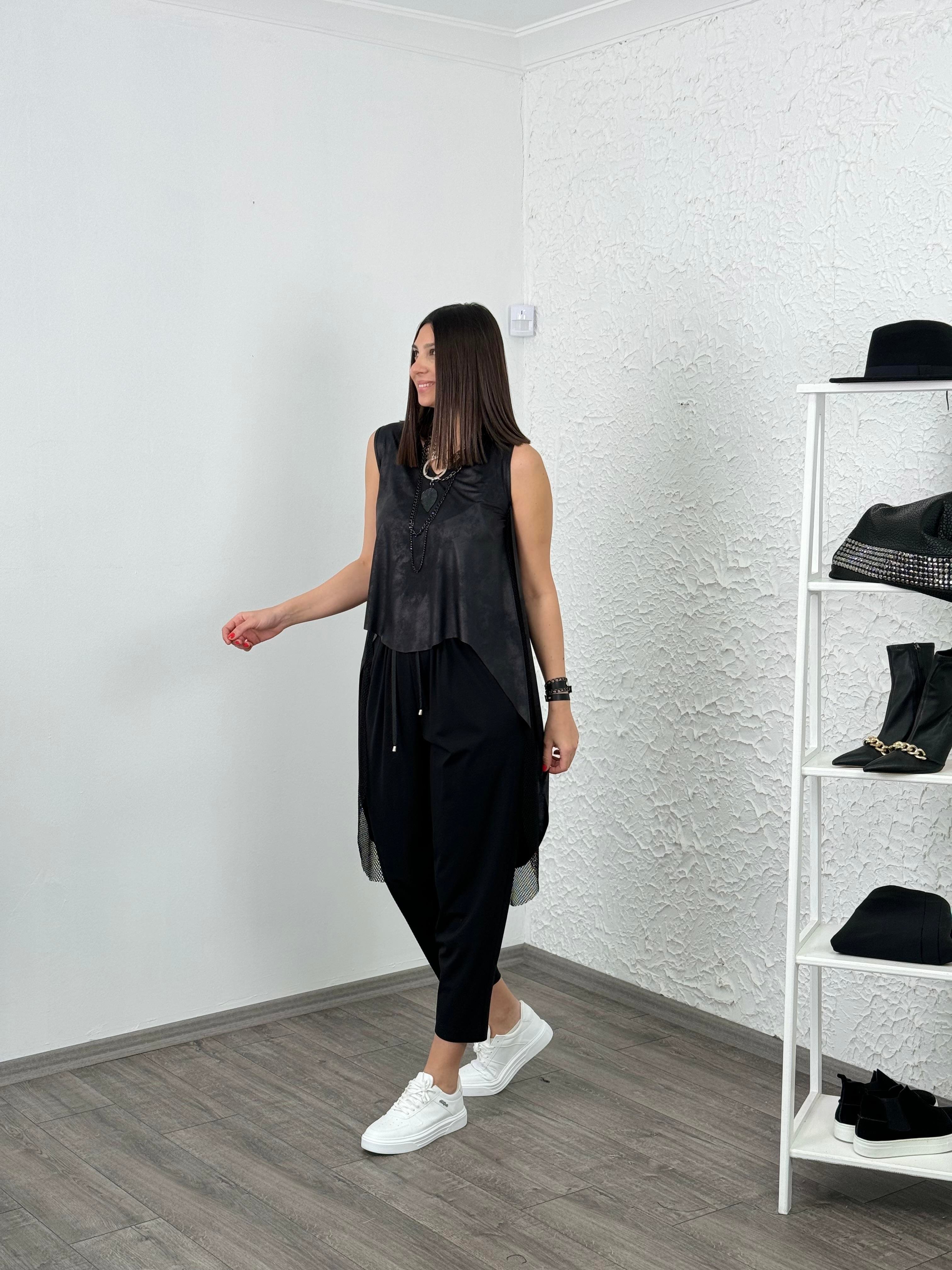 BLOOM FİLE DETAYLI SİYAH DERİ BLUZ