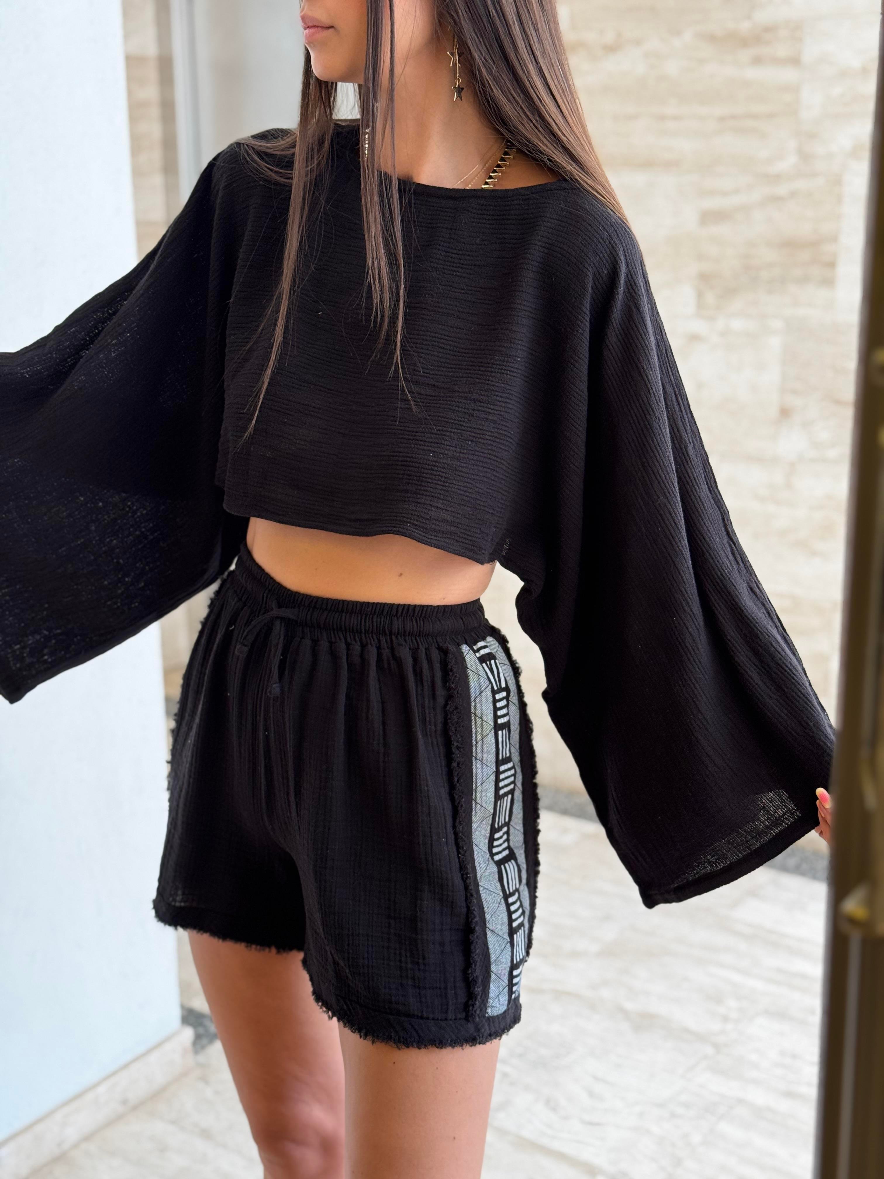 DENGE BASKILI SİYAH ŞORT