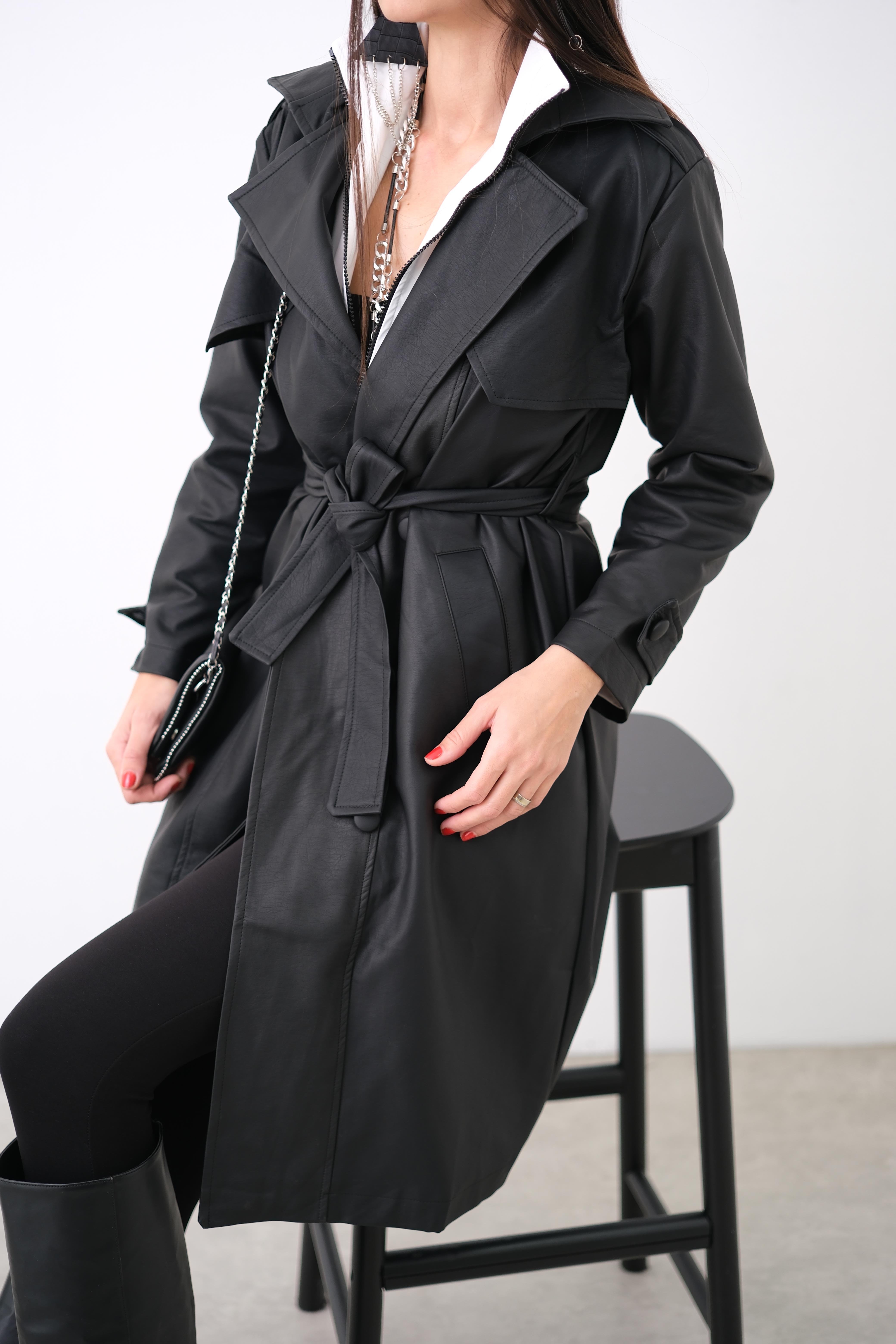 ELLA SİYAH DERİ TRENÇKOT