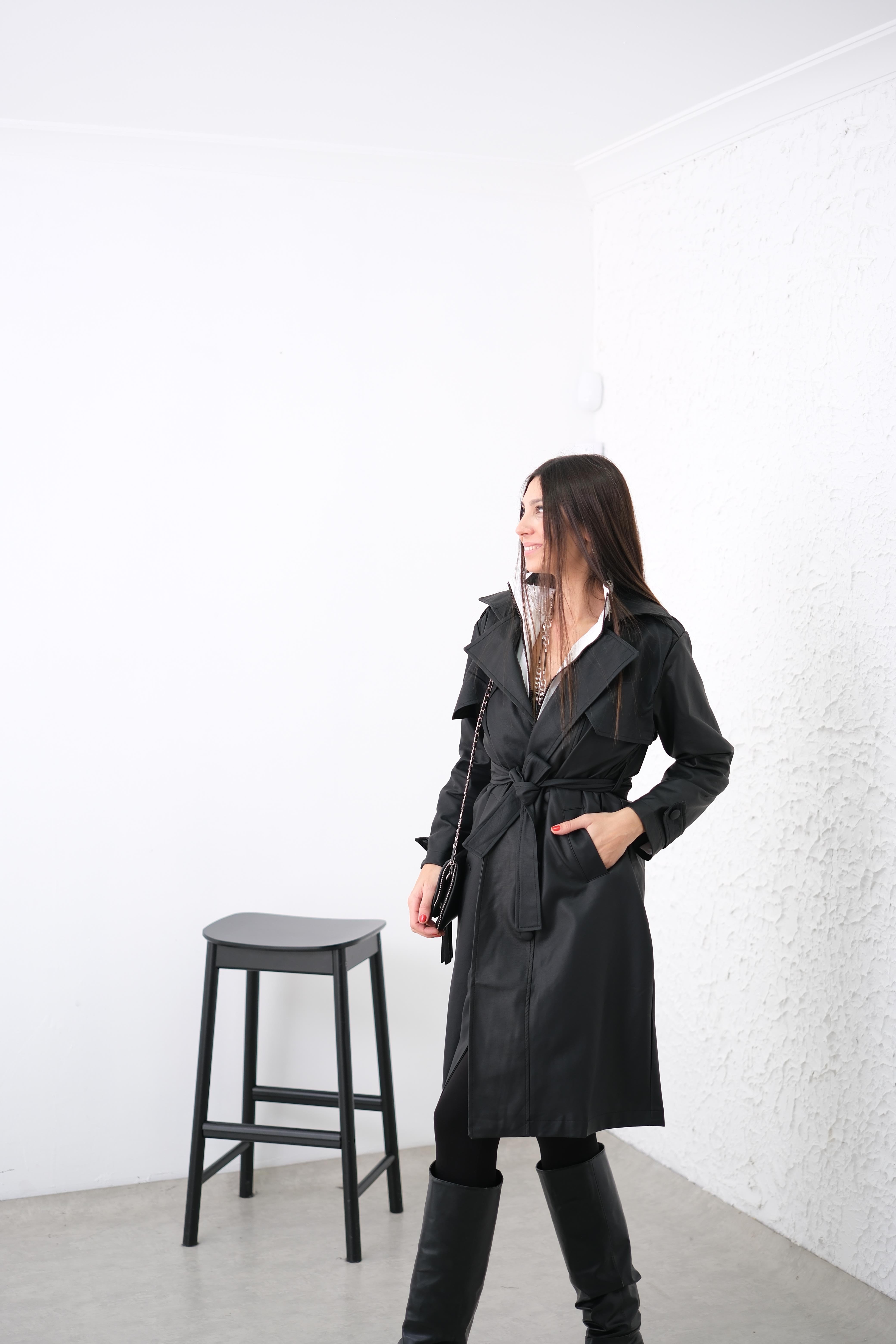 ELLA SİYAH DERİ TRENÇKOT