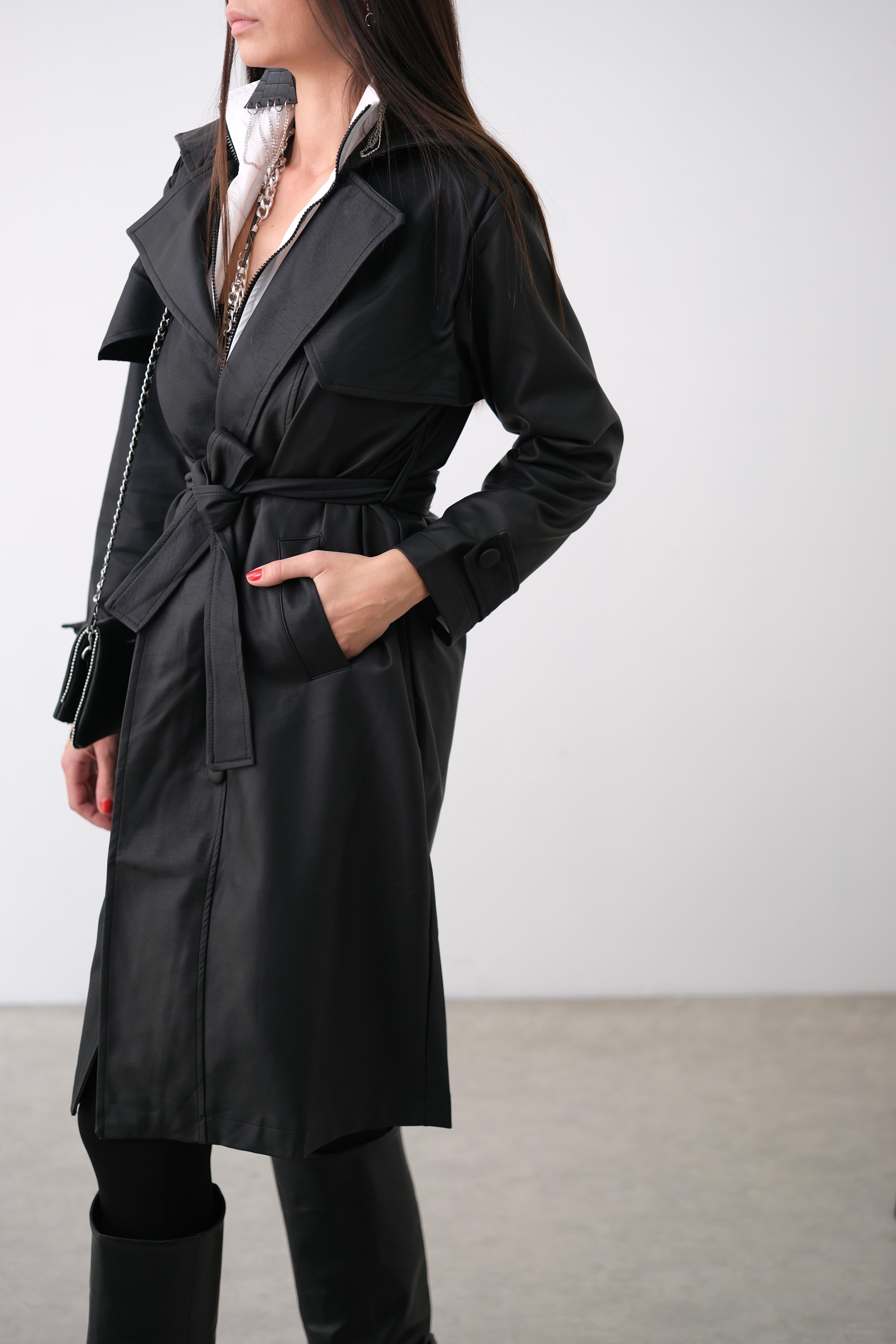 ELLA SİYAH DERİ TRENÇKOT