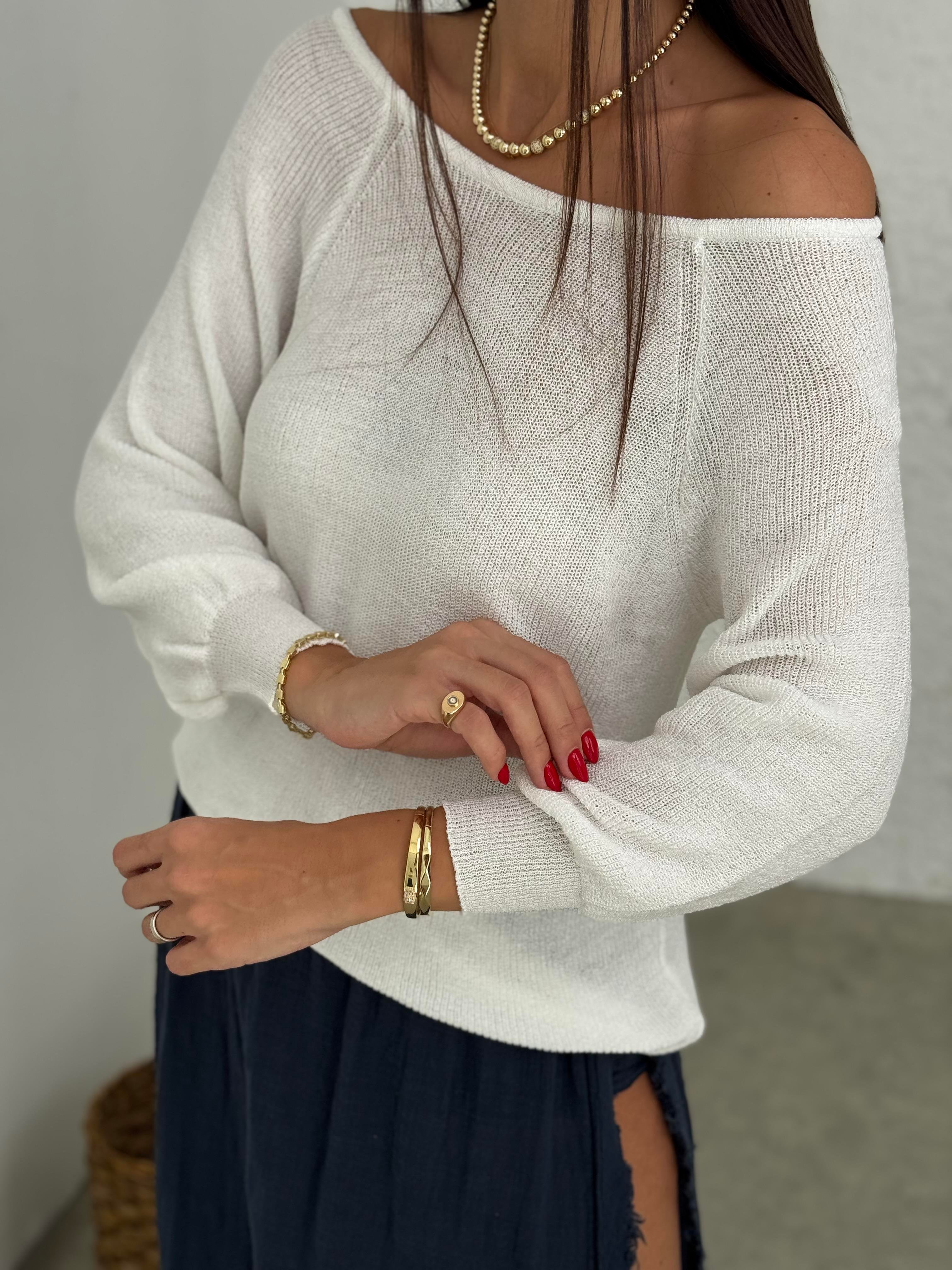 FİRU KAYIK YAKA MERSERİZE BEYAZ BLUZ