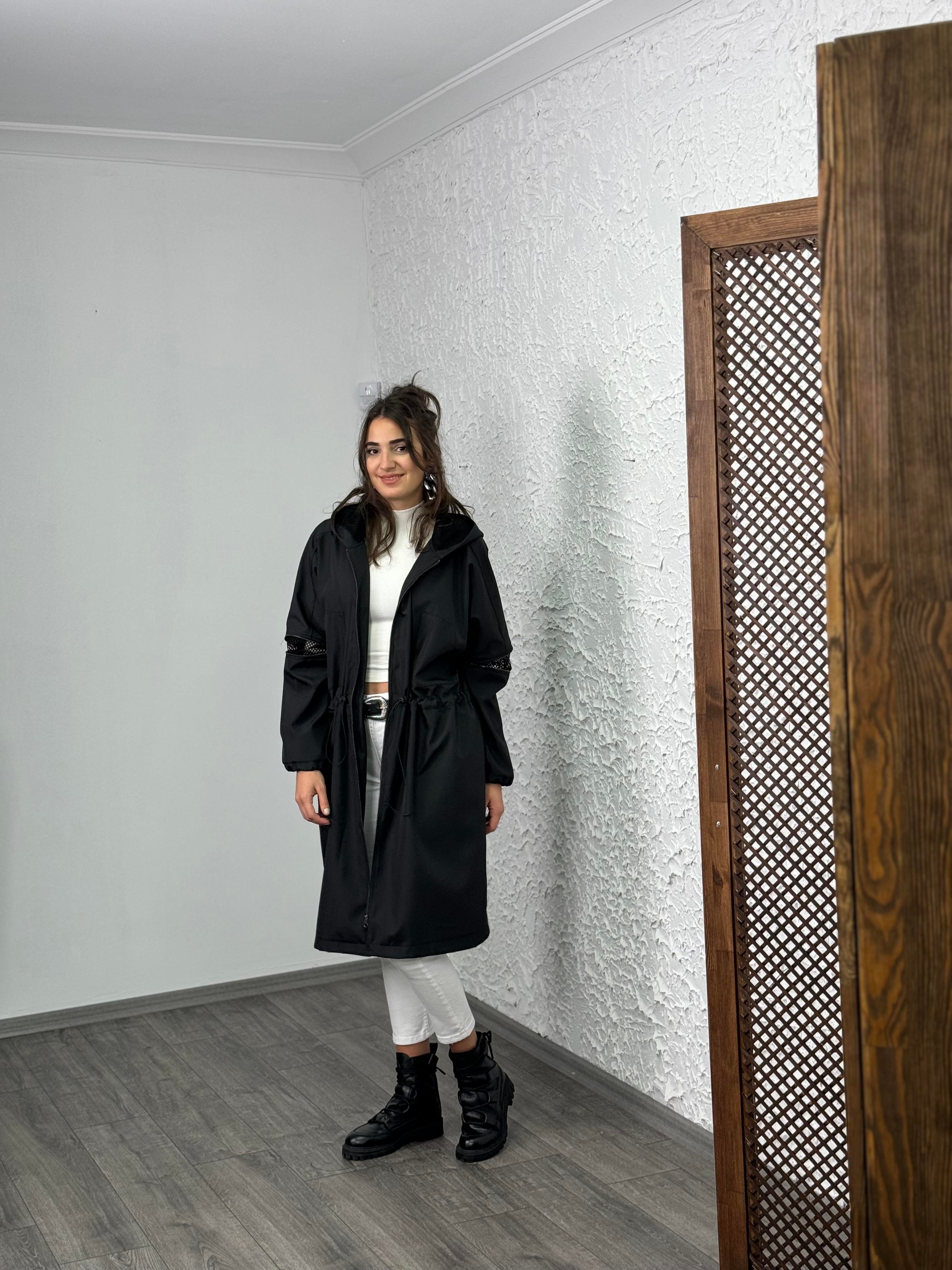 FOLA SİYAH TASARIM TRENÇKOT