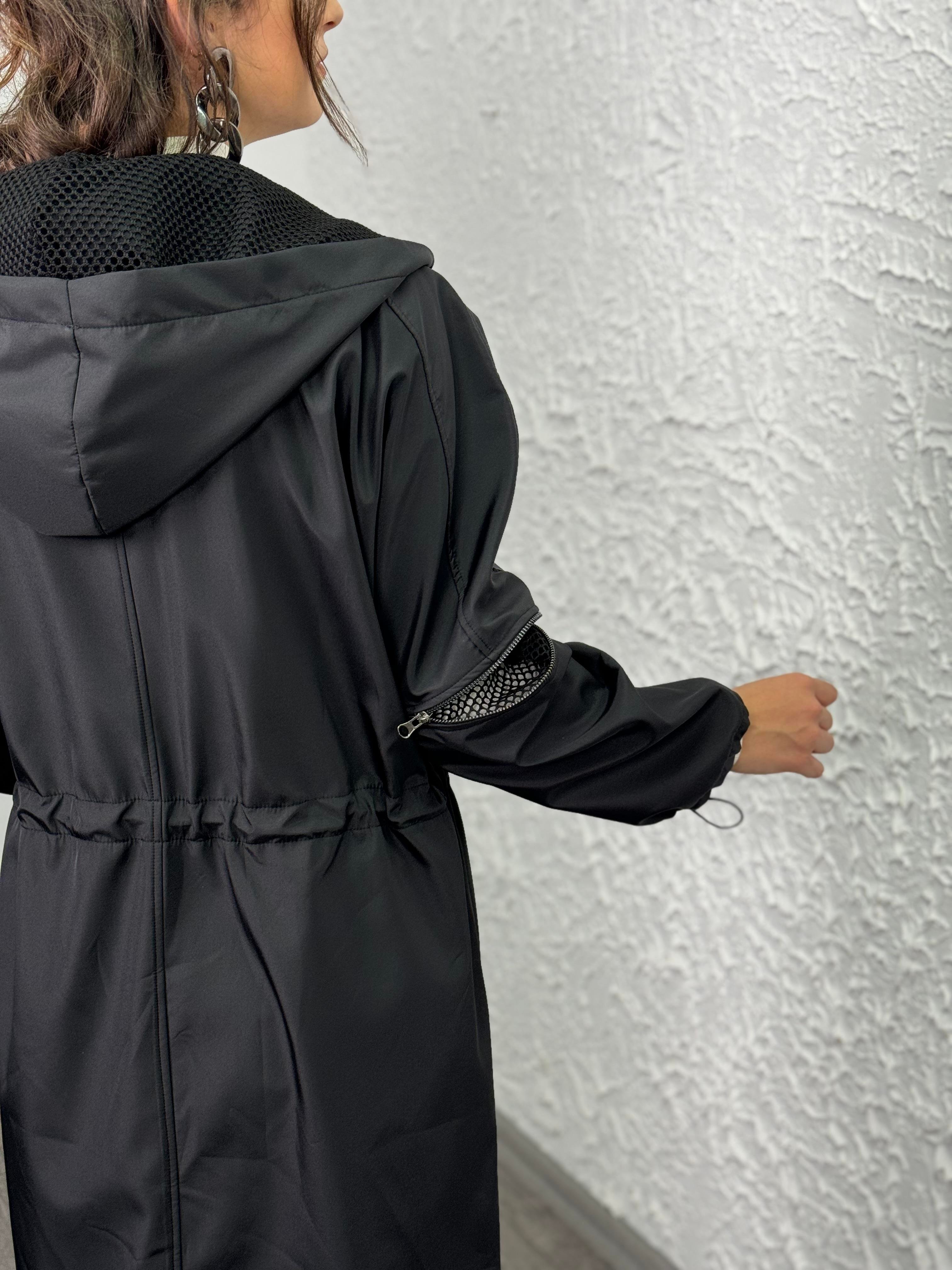 FOLA SİYAH TASARIM TRENÇKOT