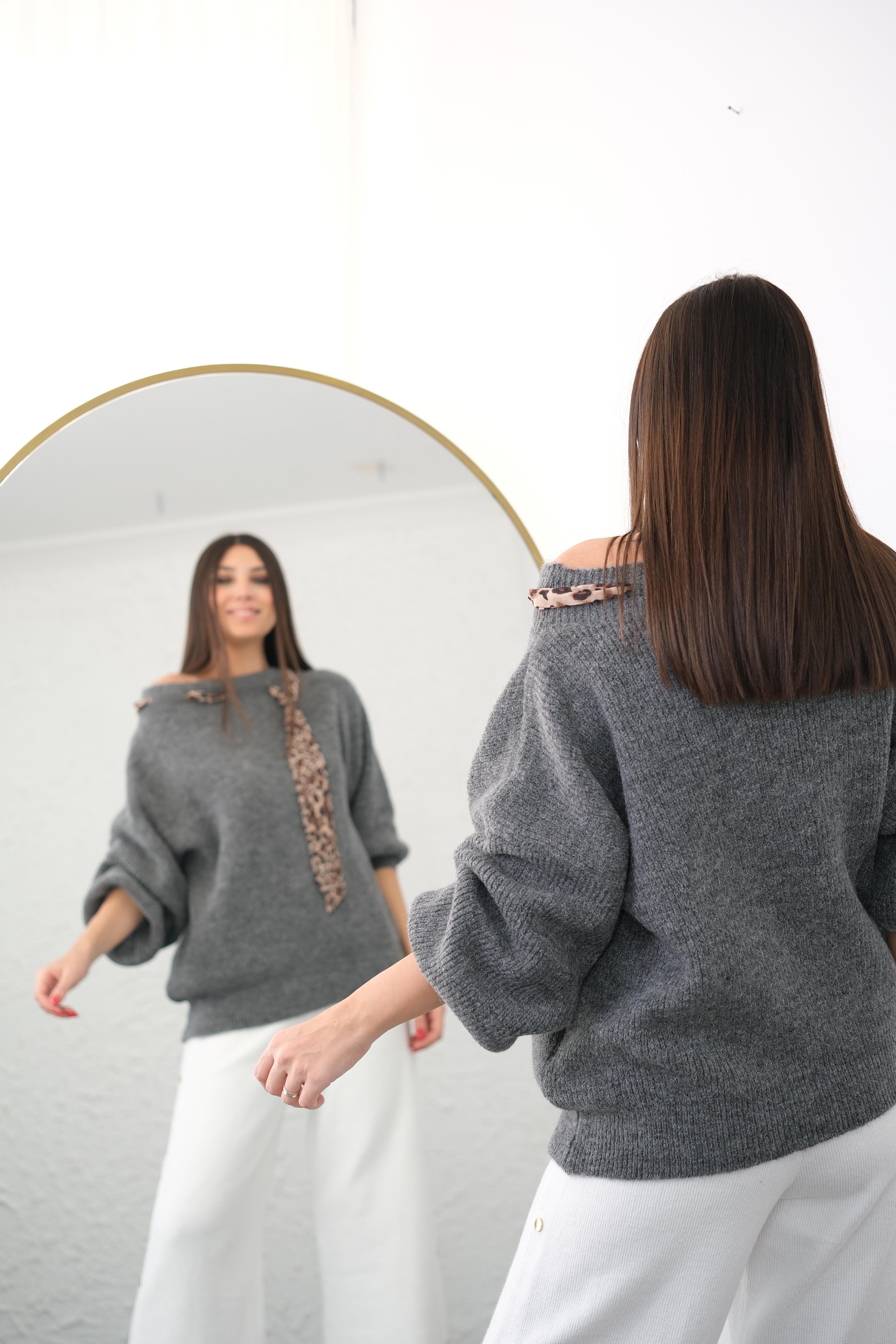 FULLY LEOPAR DETAYLI GRİ KAZAK