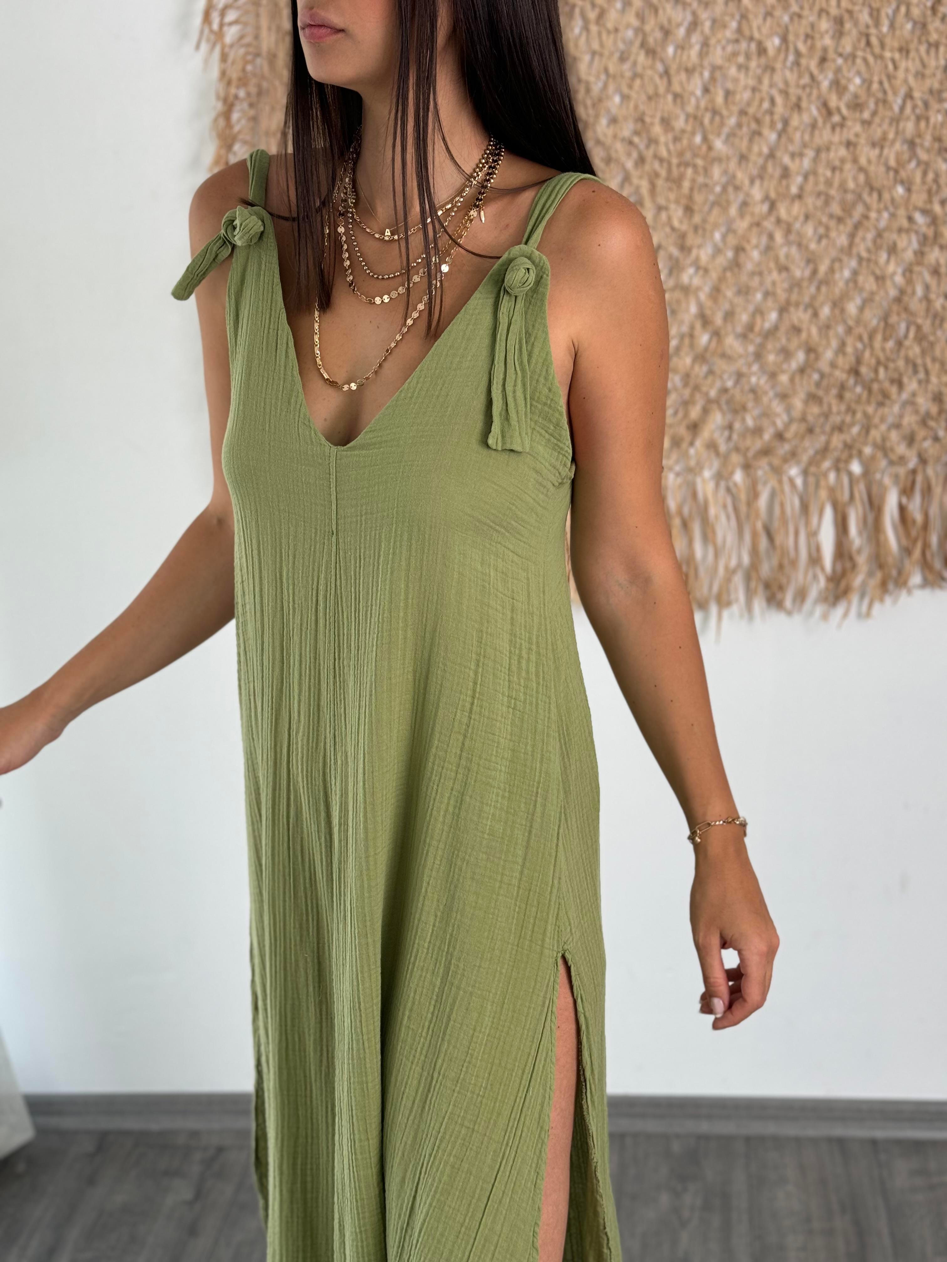 HİVA OMUZ BAĞLAMALI SAGE GREEN ELBİSE