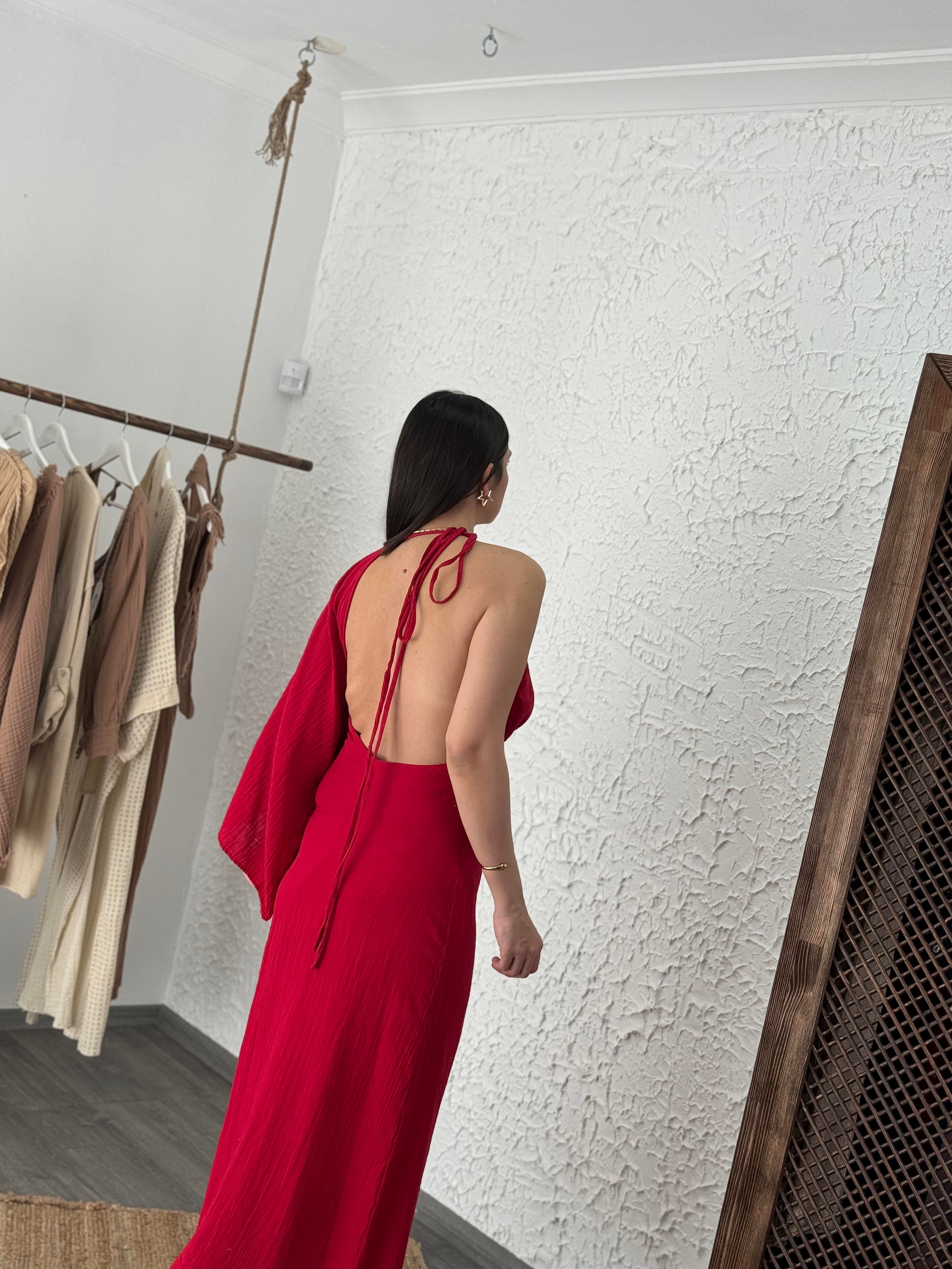 HONEY KOL DETAYLI VİŞNE ELBİSE