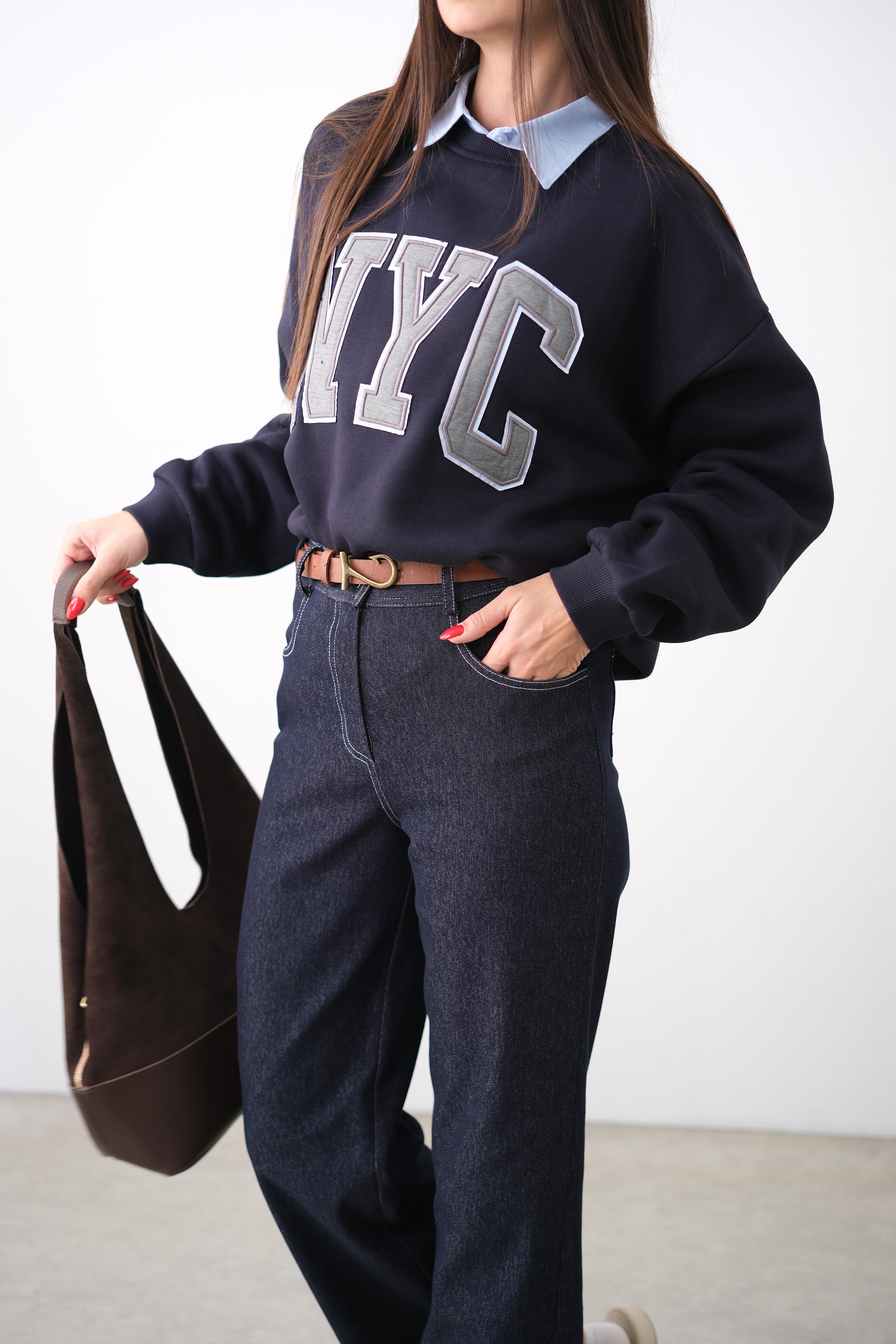 İRA YAKA DETAYLI LACİVERT SWEAT