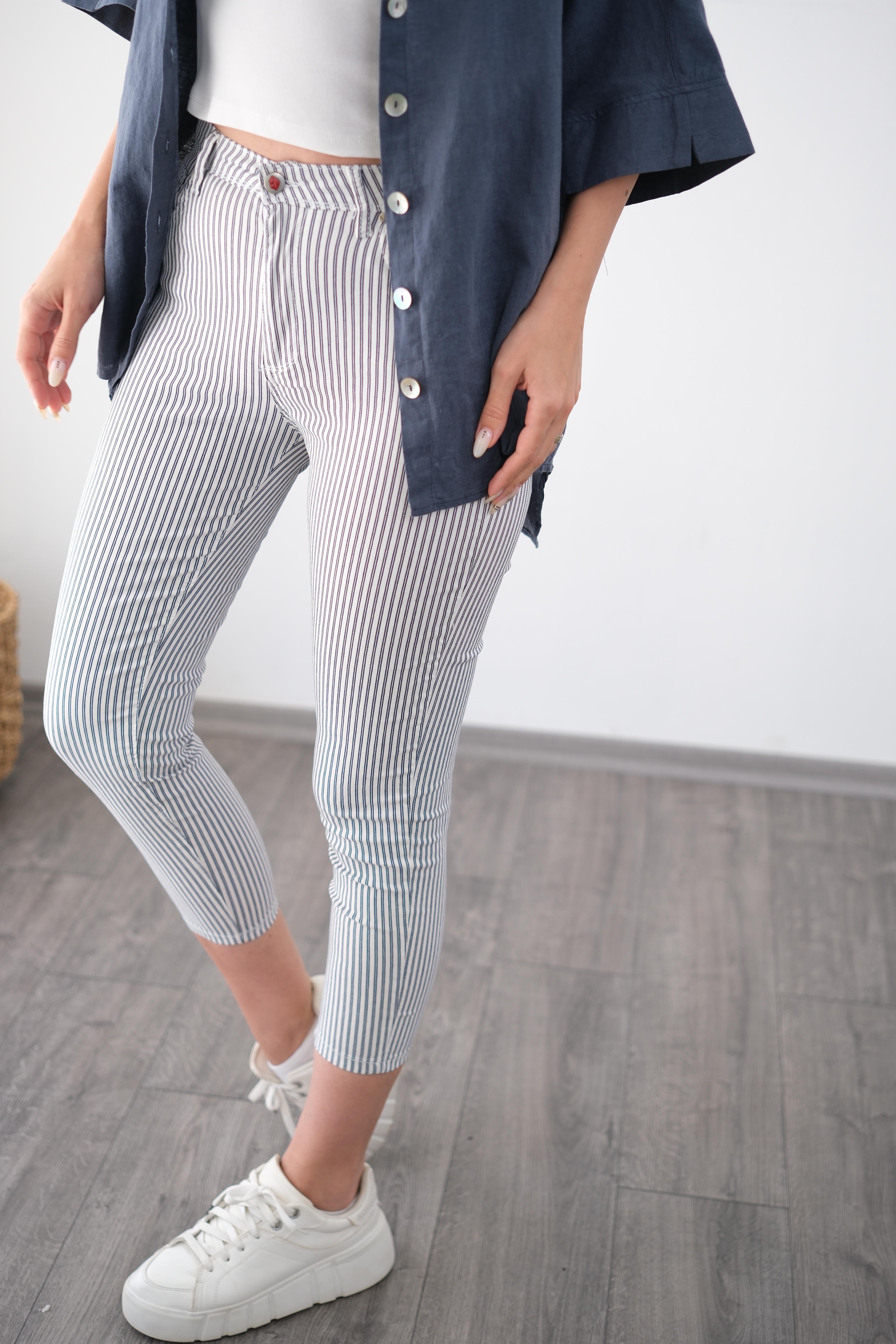 MARİNE FERMUARLI BEYAZ ÇİZGİLİ PANTOLON