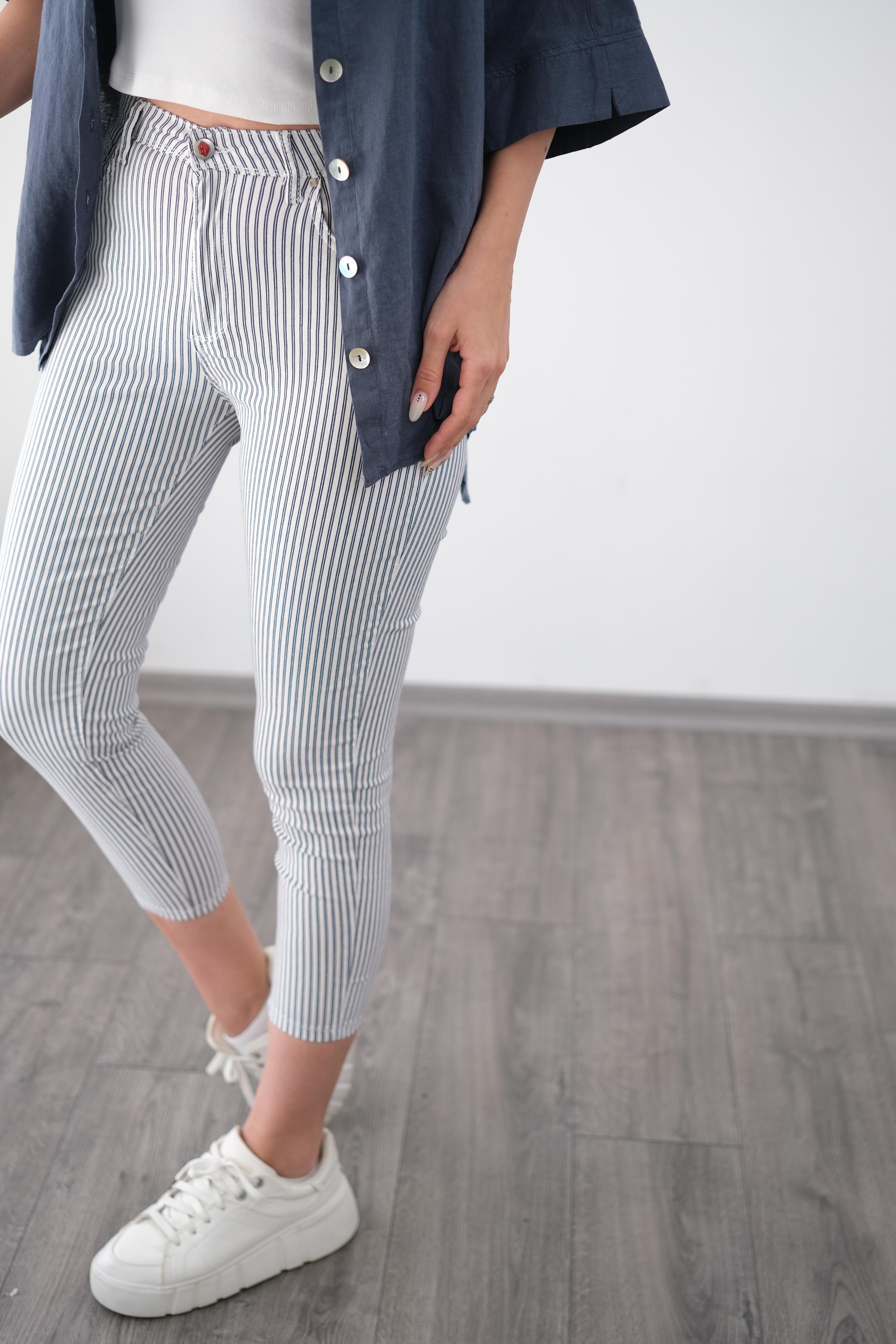 MARİNE FERMUARLI BEYAZ ÇİZGİLİ PANTOLON