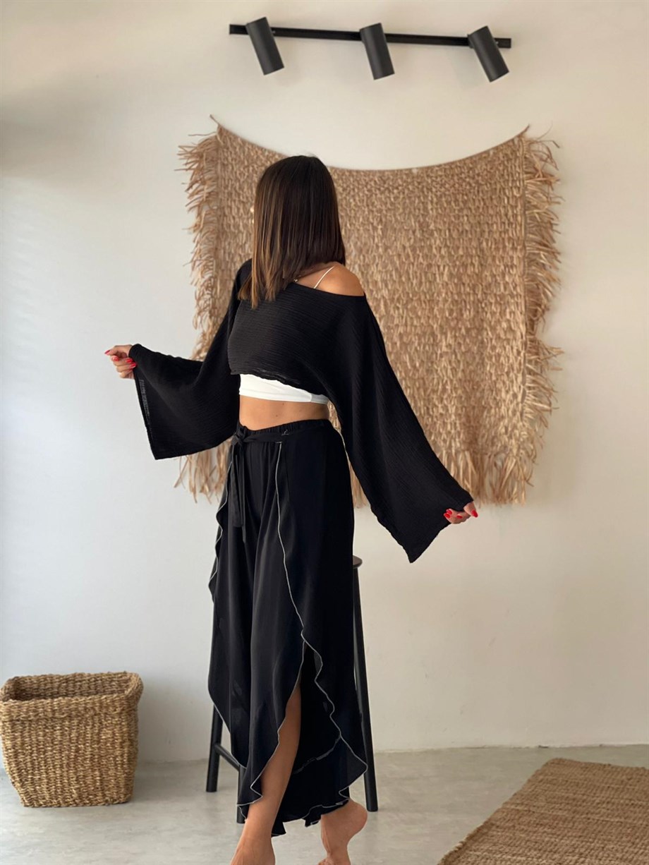 MAYA FIRFIR DETAYLI SİYAH PANTOLON
