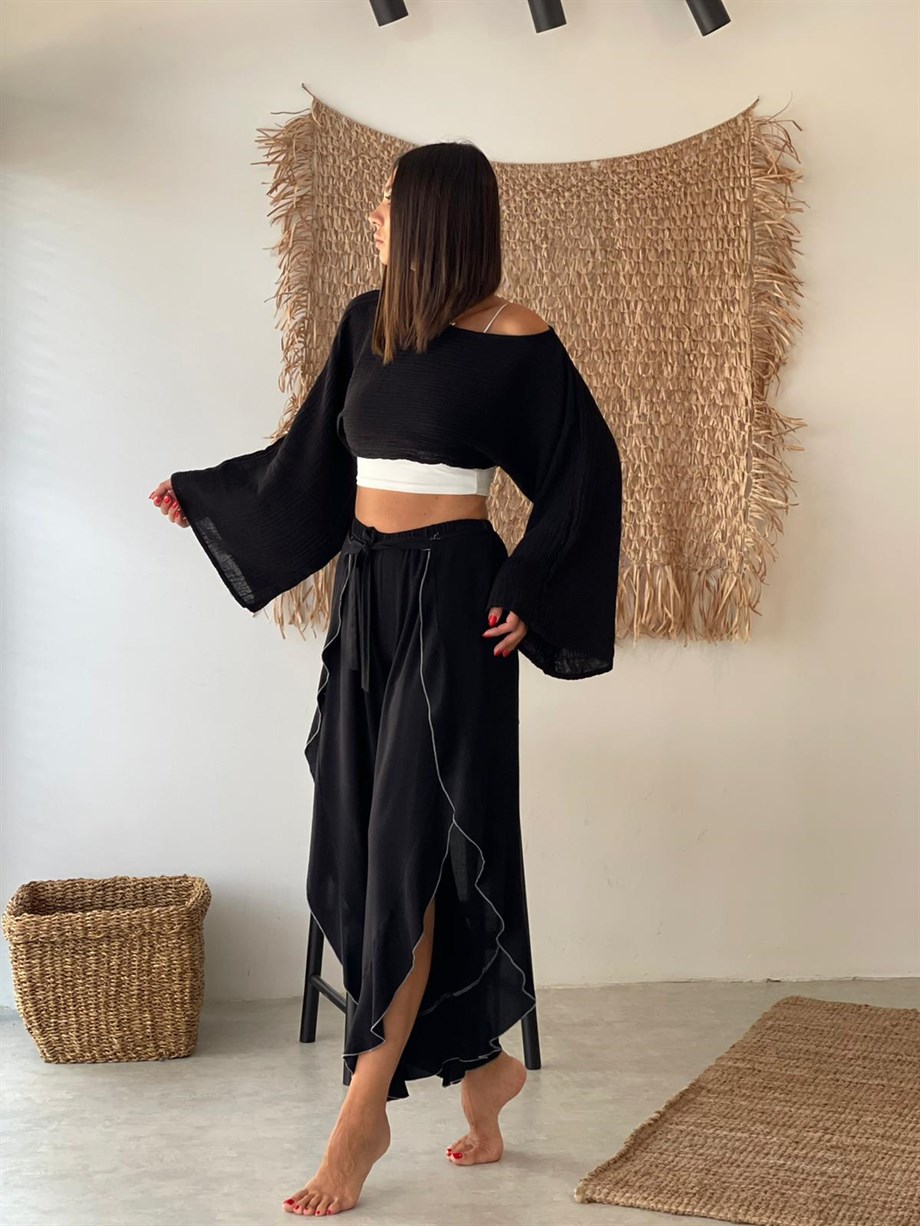 MAYA FIRFIR DETAYLI SİYAH PANTOLON
