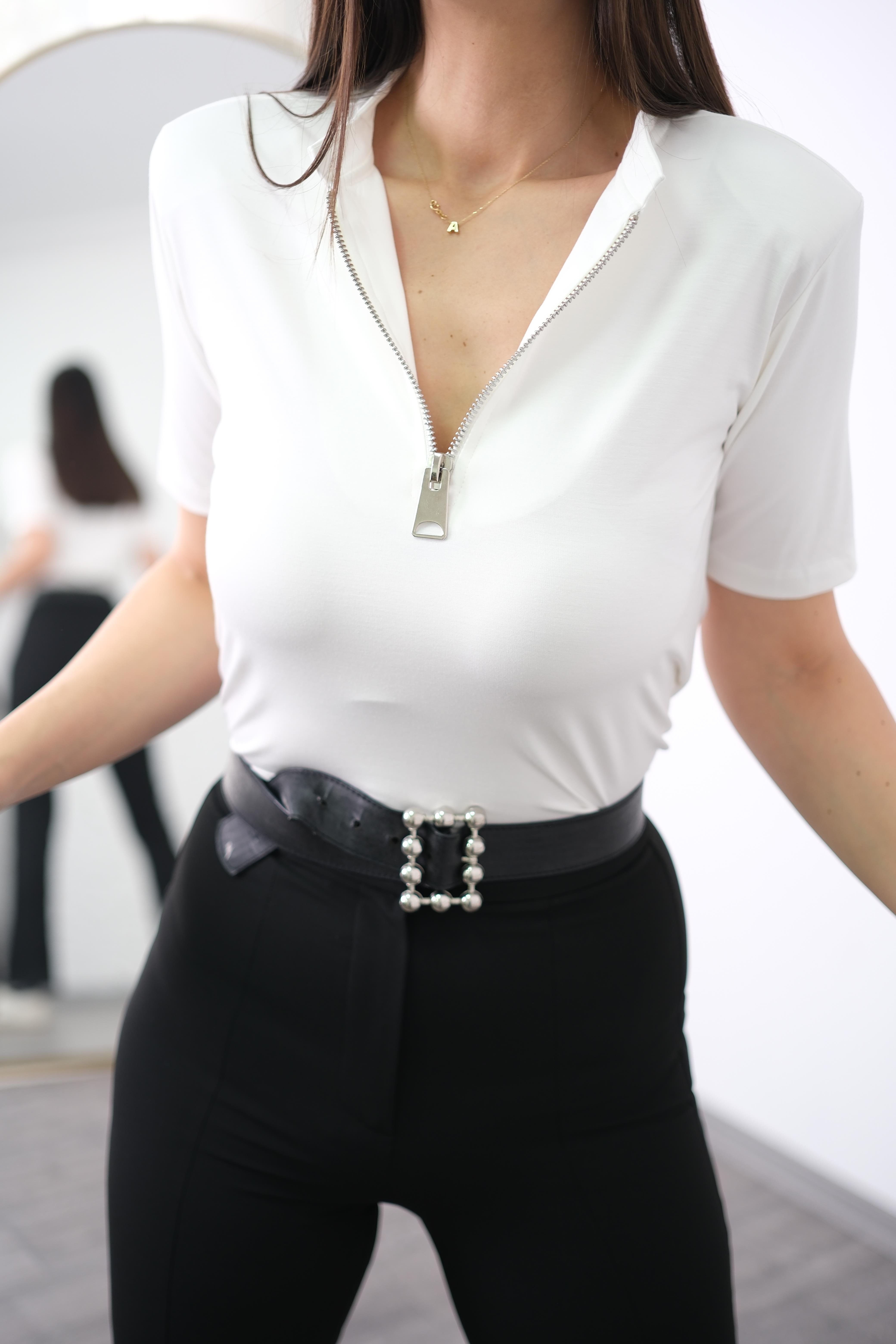 MİNA FERMUARLI BEYAZ BLUZ