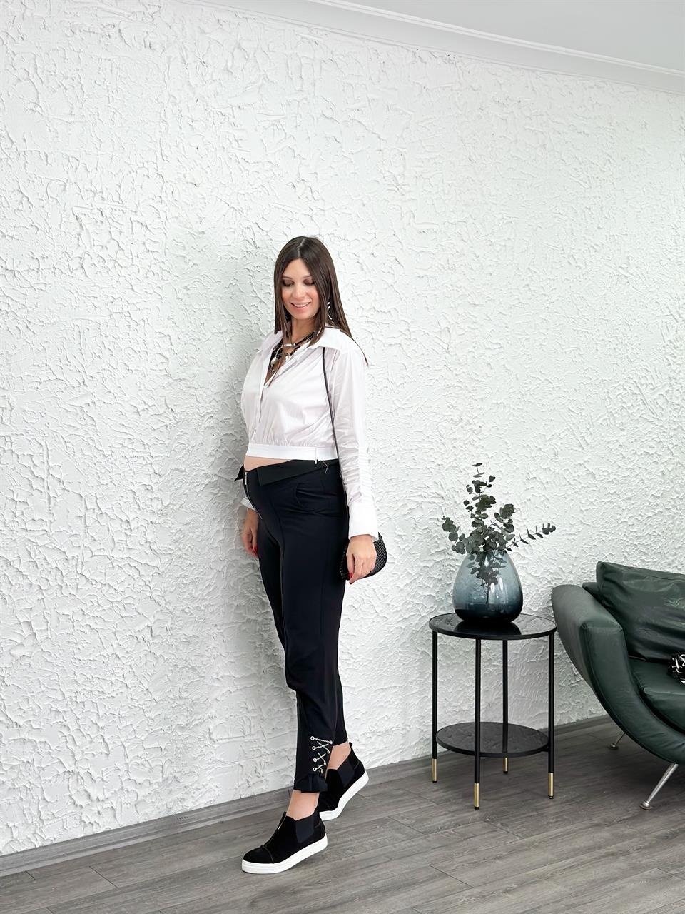 MONGE PAÇA ZİNCİR DETAYLI SİYAH PANTOLON