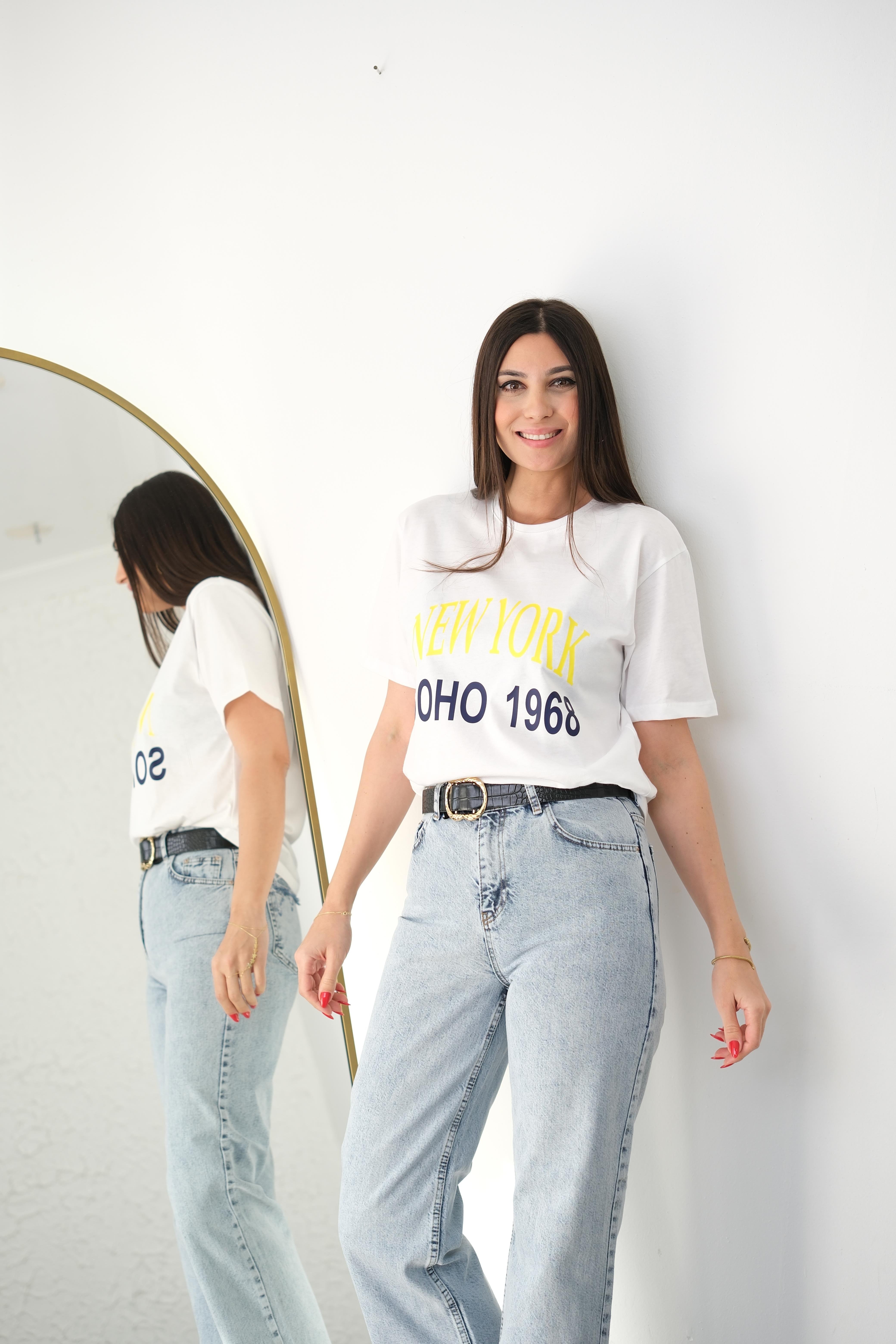 NEWYORK BEYAZ BASKILI TİŞÖRT