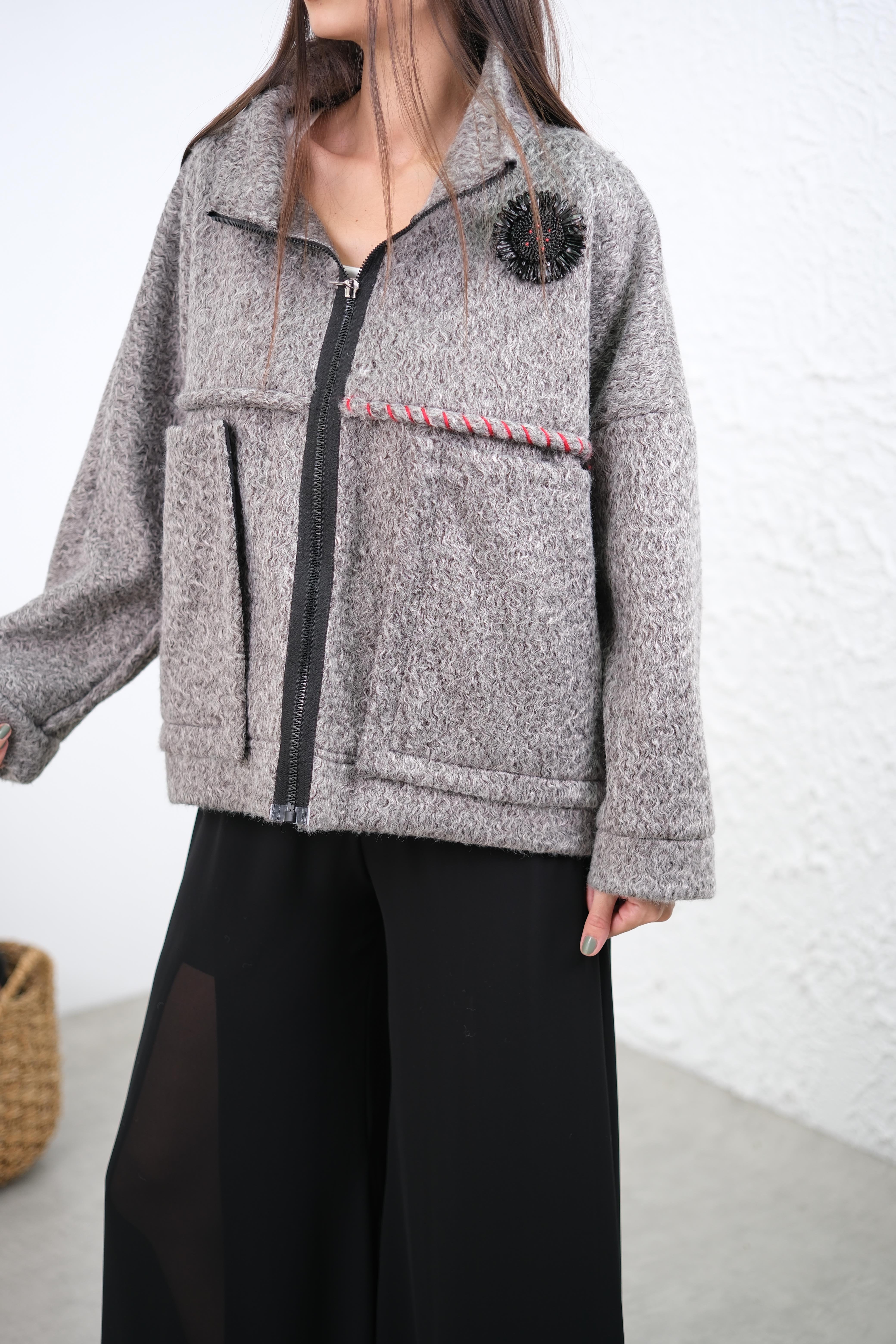 NUSON DKİŞ DETAYLI GRİ KABAN