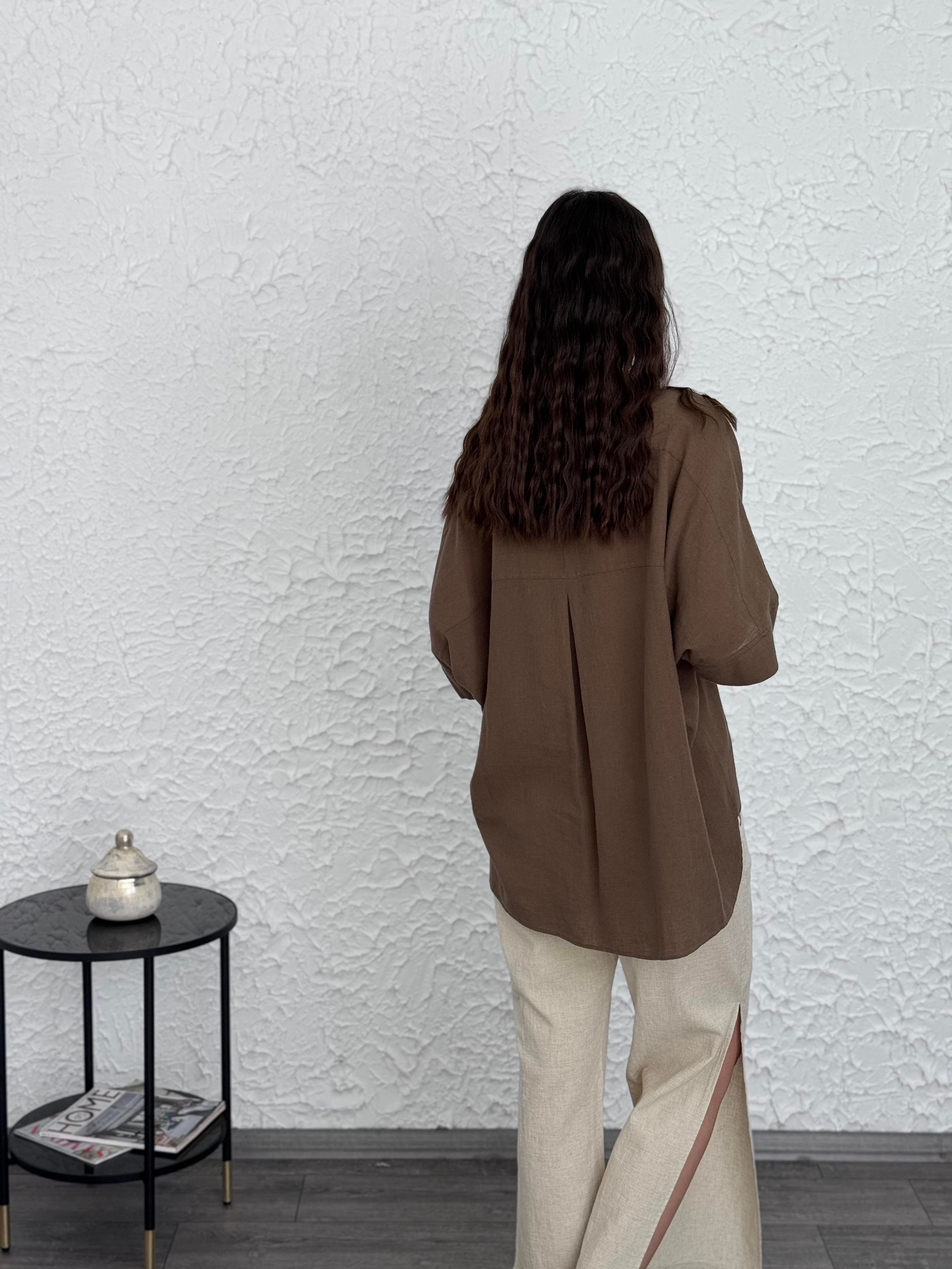 PİNE KETEN KAHVE GÖMLEK