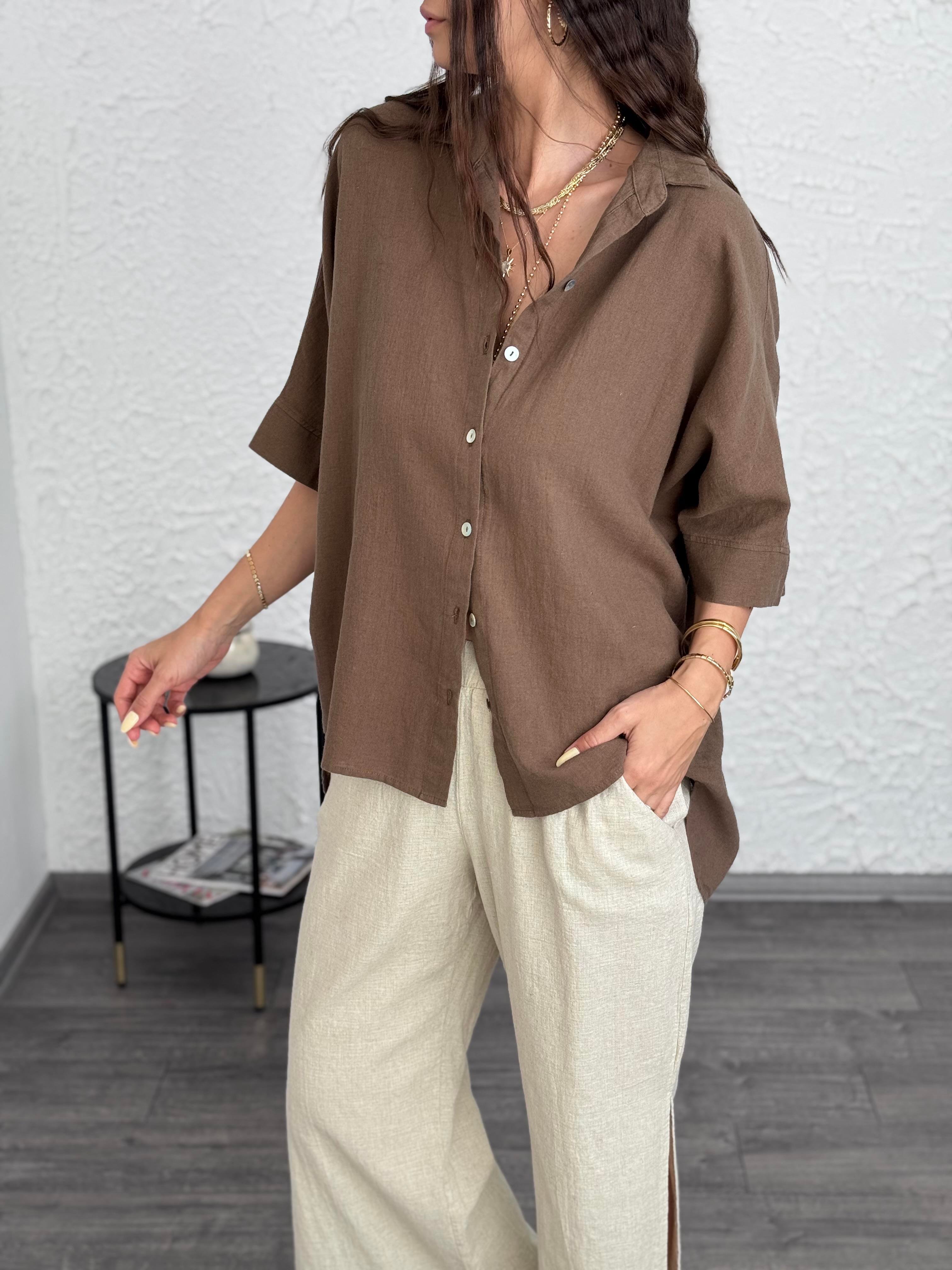 PİNE KETEN KAHVE GÖMLEK