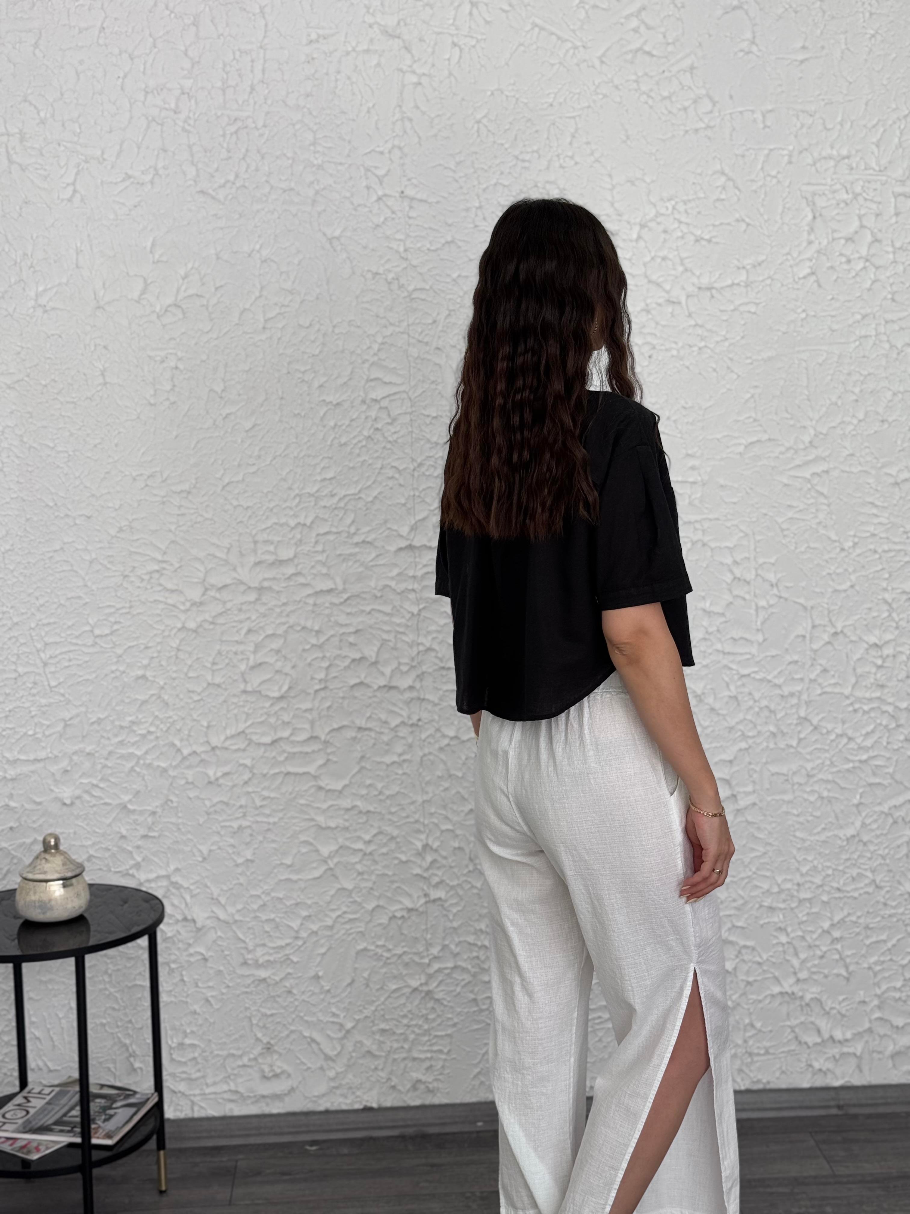 PİTE KETEN SİYAH GÖMLEK