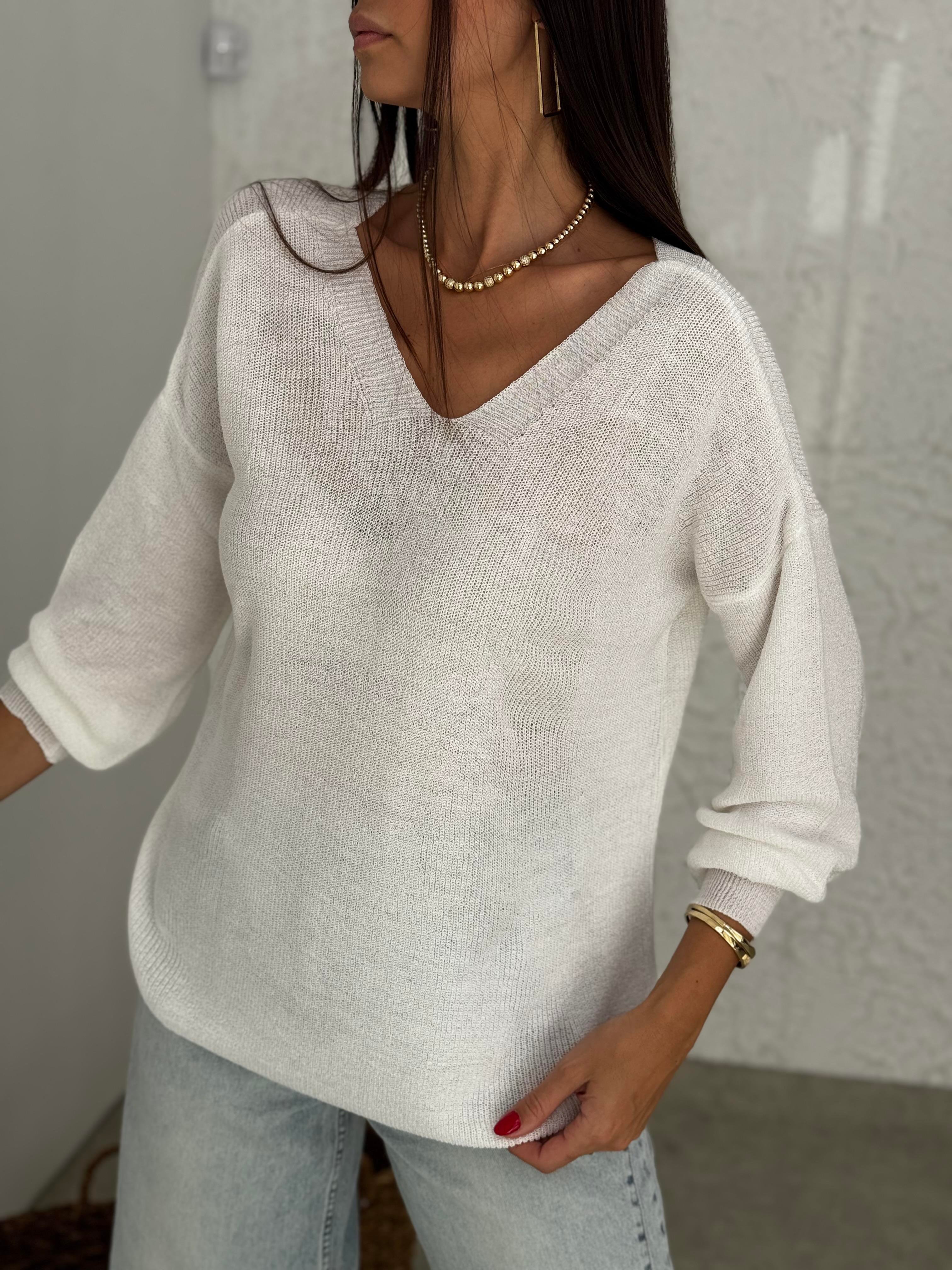 PLUS V YAKA MERSERİZE BEYAZ BLUZ