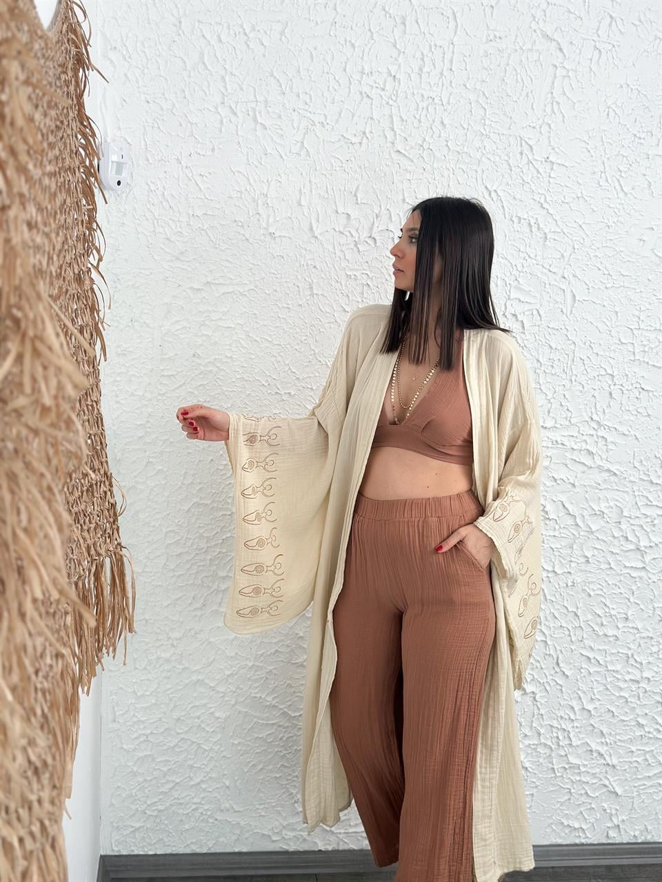 PURE BEJ UZUN KİMONO