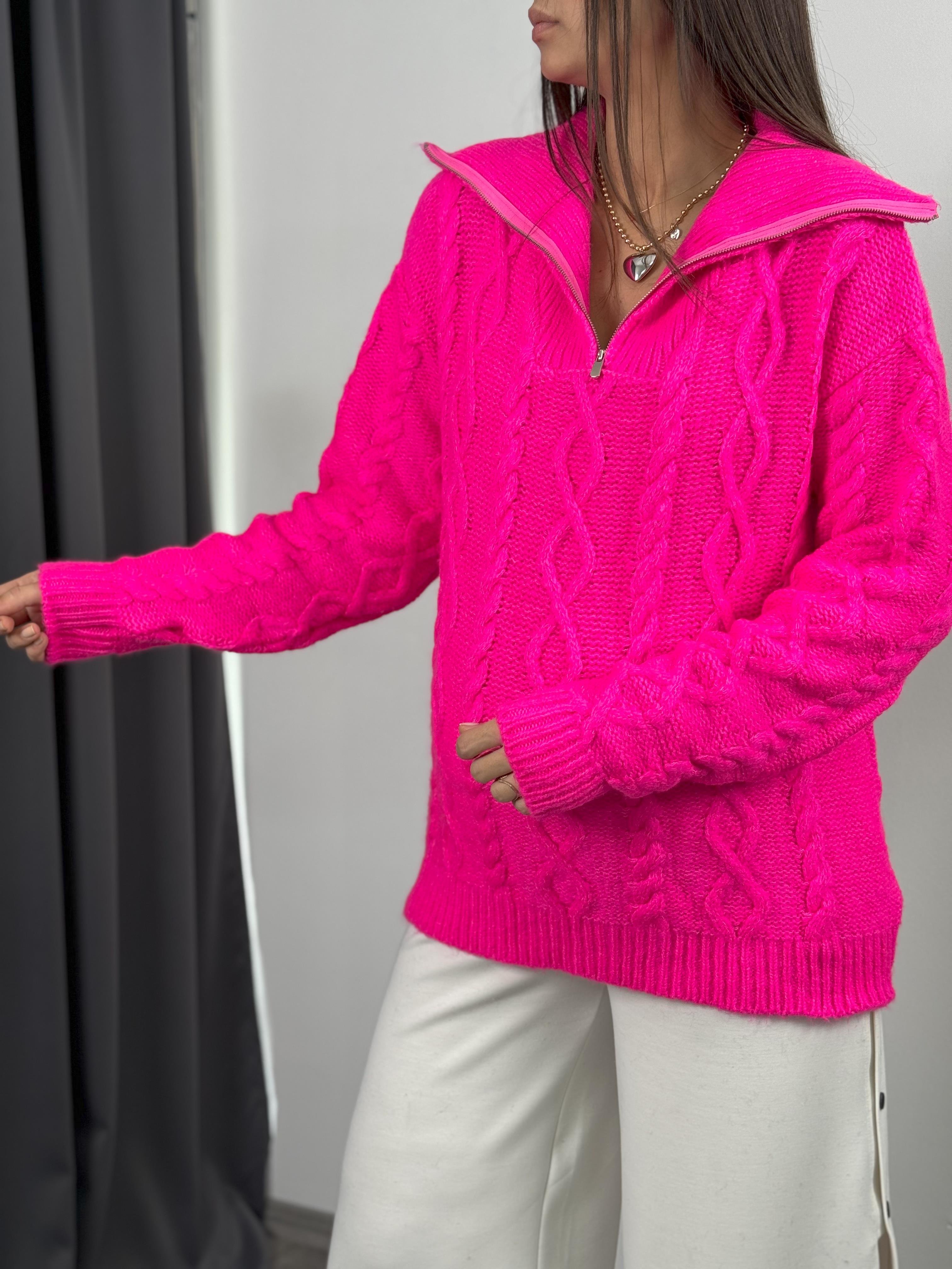 RETRO ÖRGÜLÜ YUMOŞ NEON PEMBE KAZAK