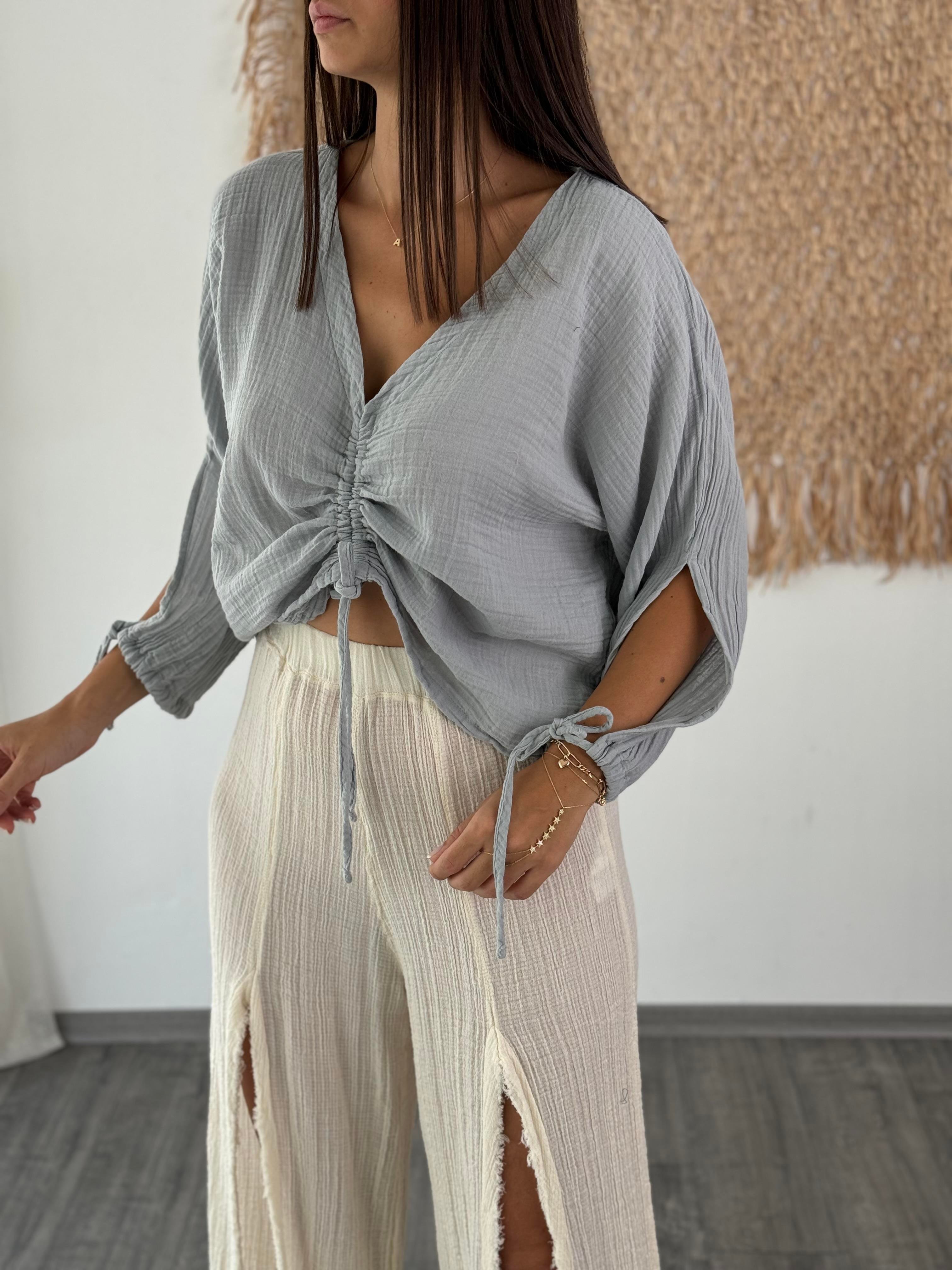 SANTORINI GRİ MÜSLİN BLUZ