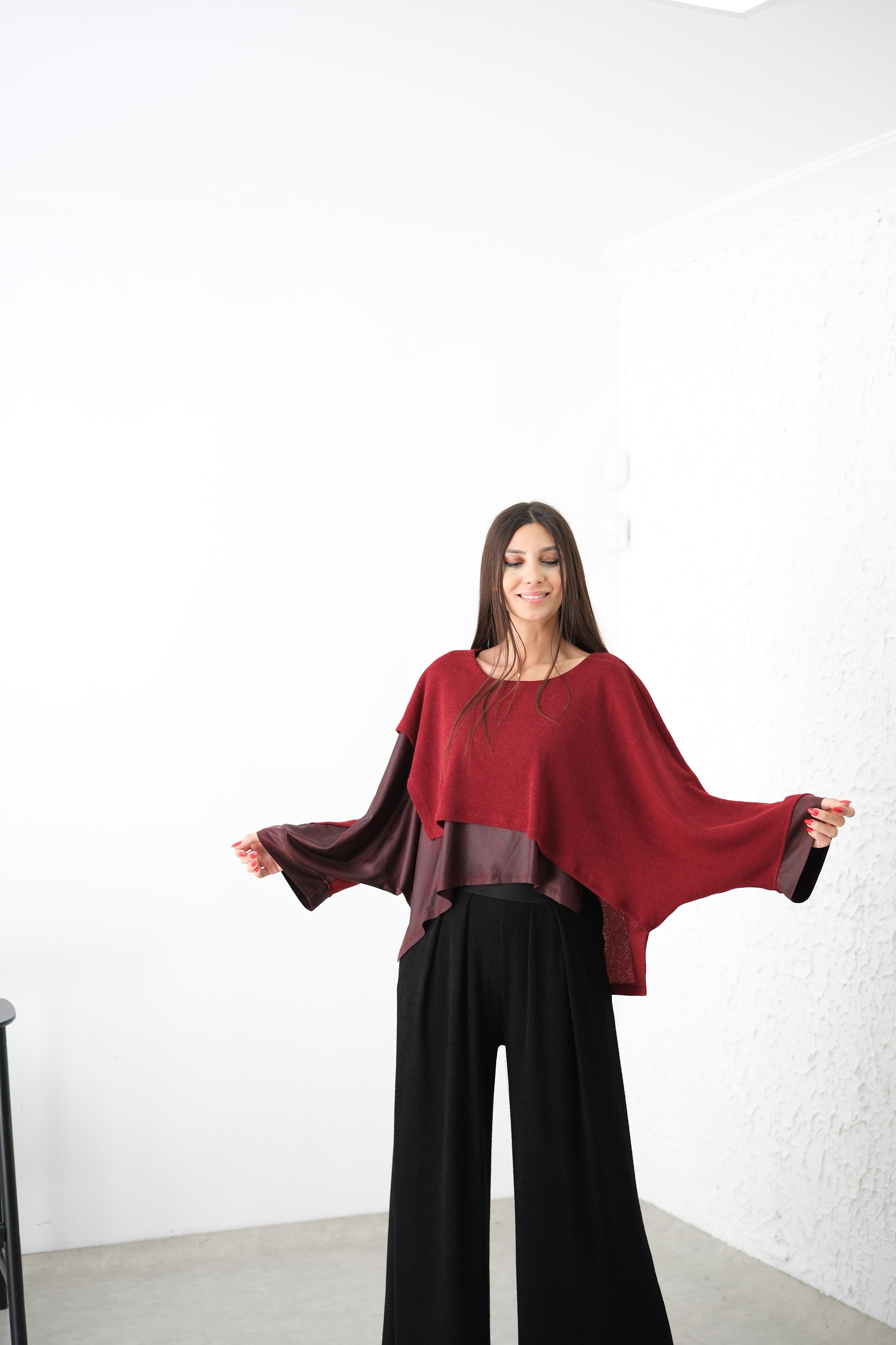 SARA DERİLİ BORDO TRİKO BLUZ