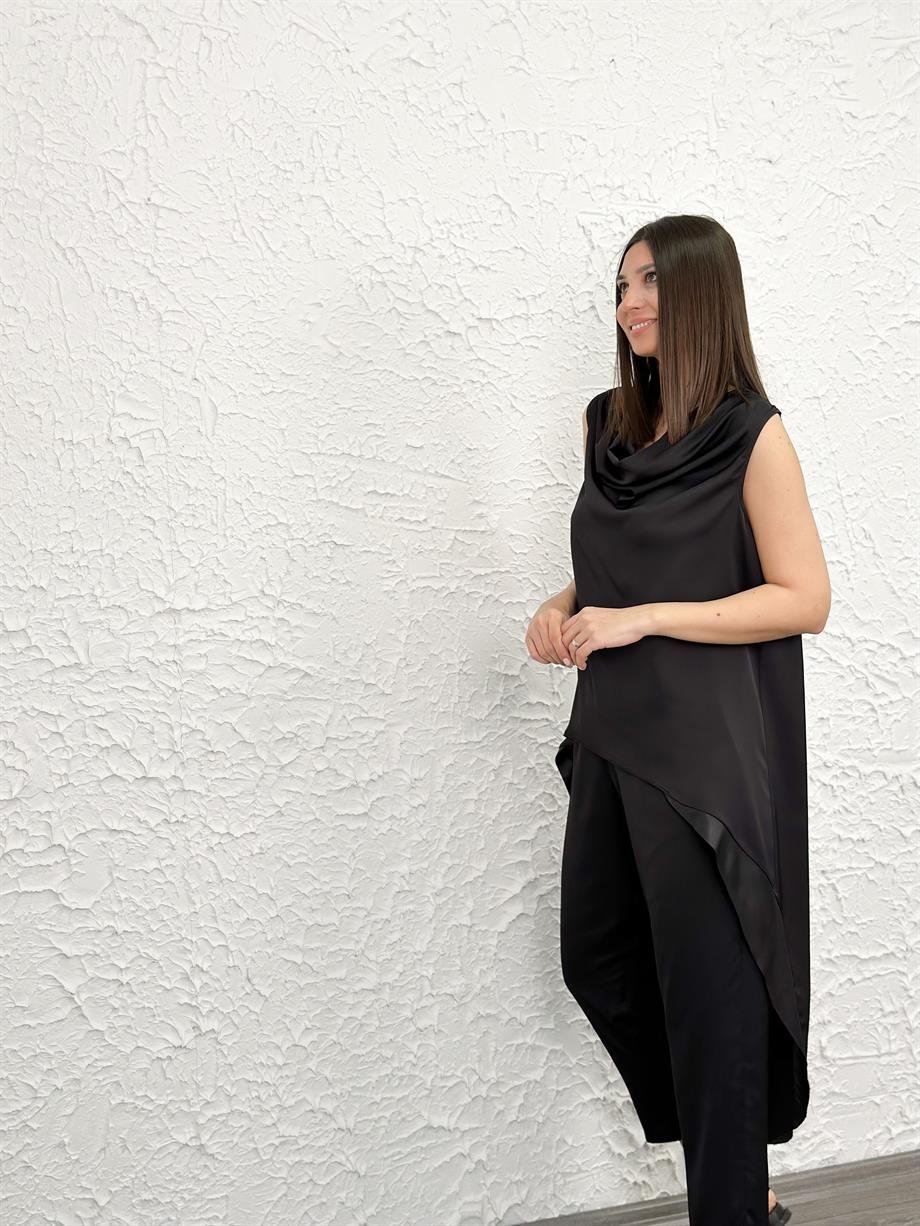 SATEEN SİYAH TASARIM BLUZ