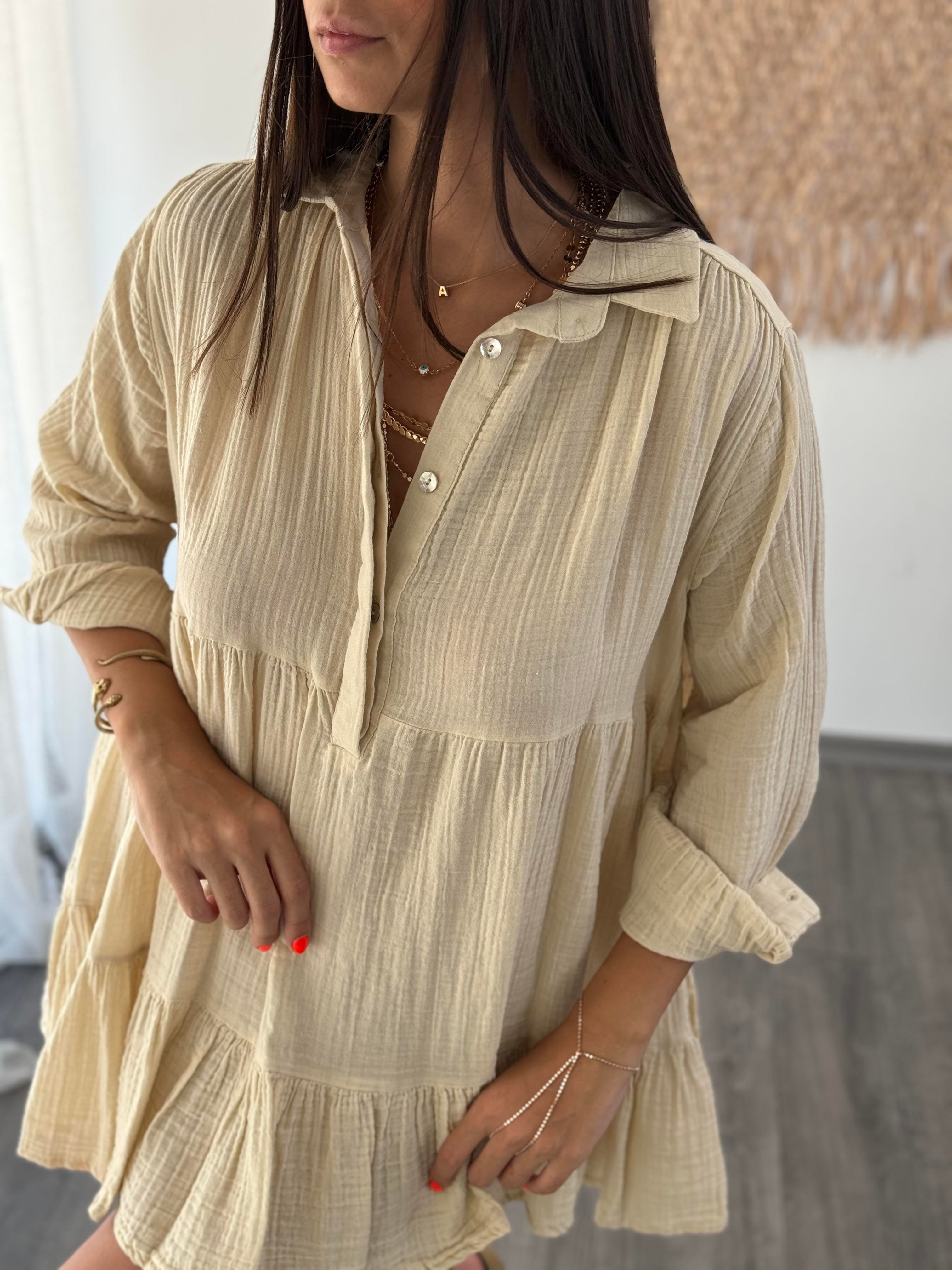 SERA DÜĞMELİ BEJ ELBİSE