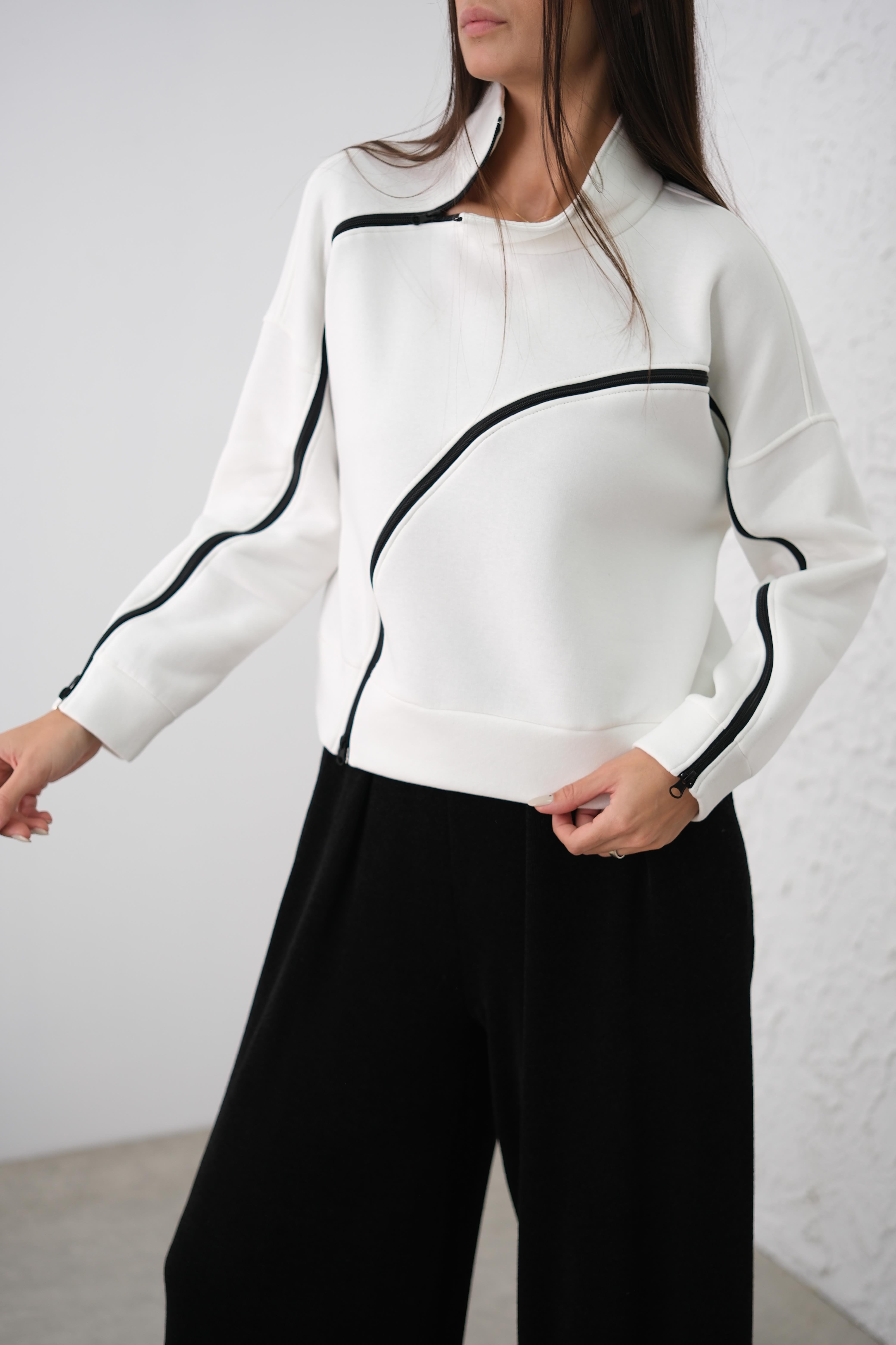 SONYA FERMUAR DETAYLI BEYAZ SWEAT