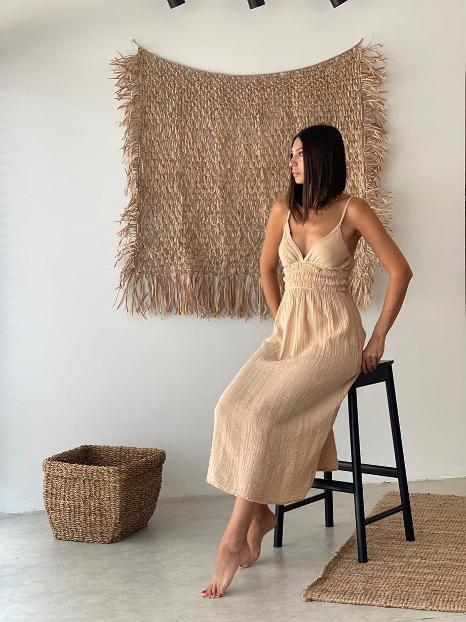 TALEMA İP ASKILI KOYU BEJ MÜSLİN ELBİSE