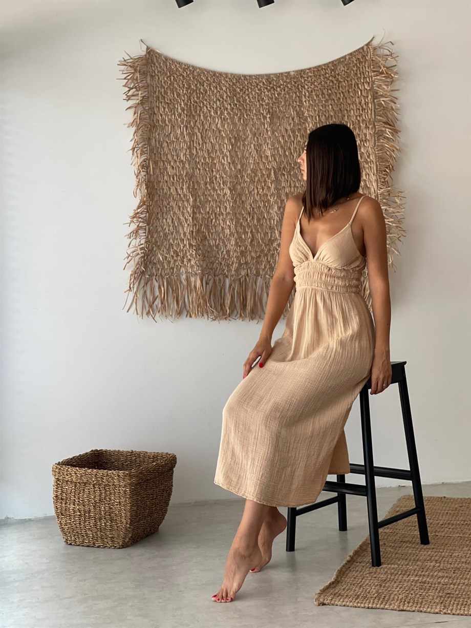 TALEMA İP ASKILI KOYU BEJ MÜSLİN ELBİSE