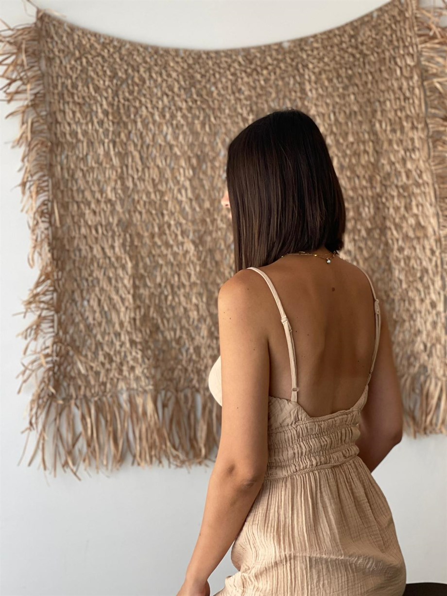 TALEMA İP ASKILI KOYU BEJ MÜSLİN ELBİSE