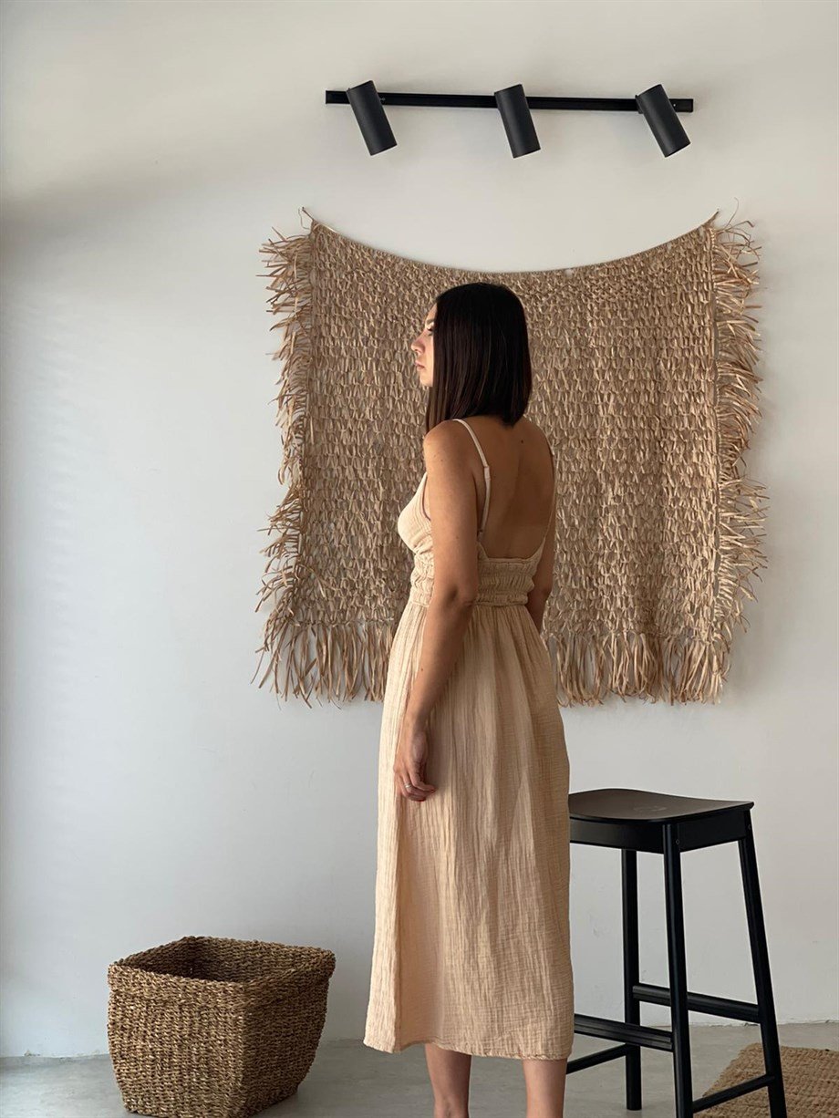 TALEMA İP ASKILI KOYU BEJ MÜSLİN ELBİSE